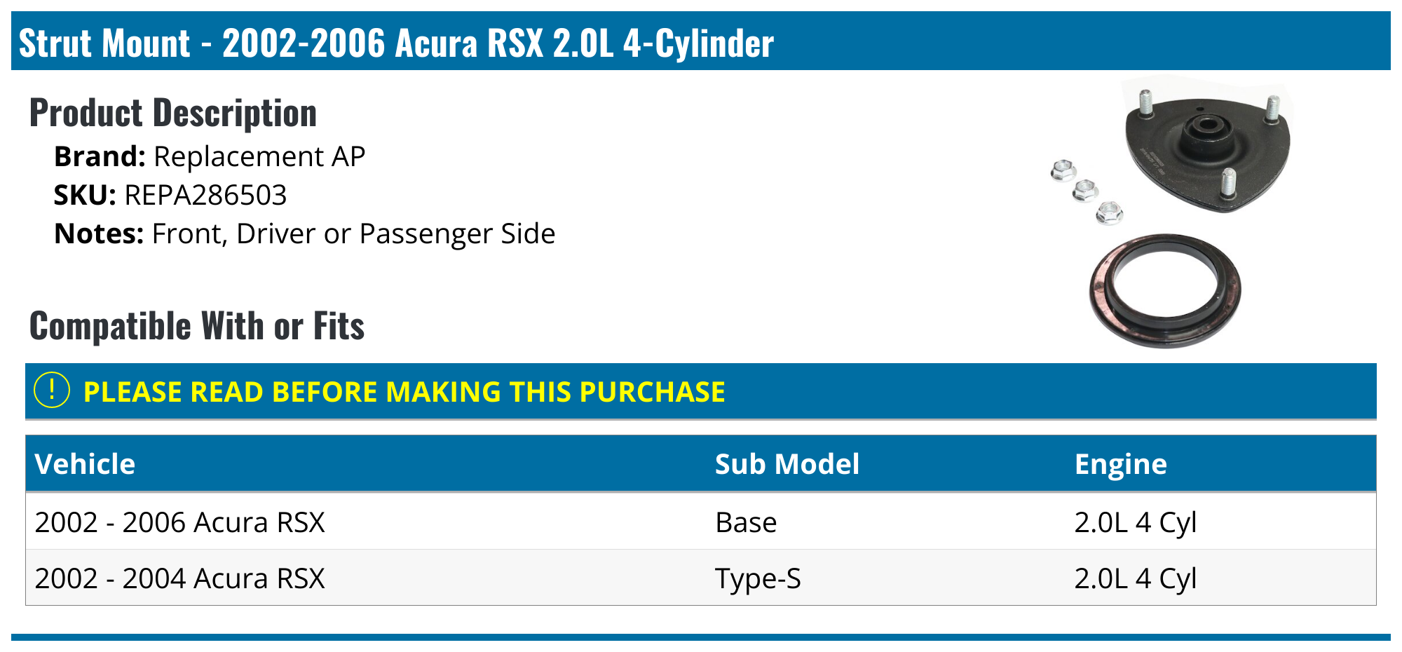 20022006 Acura RSX Strut Mount Replacement AP REPA286503