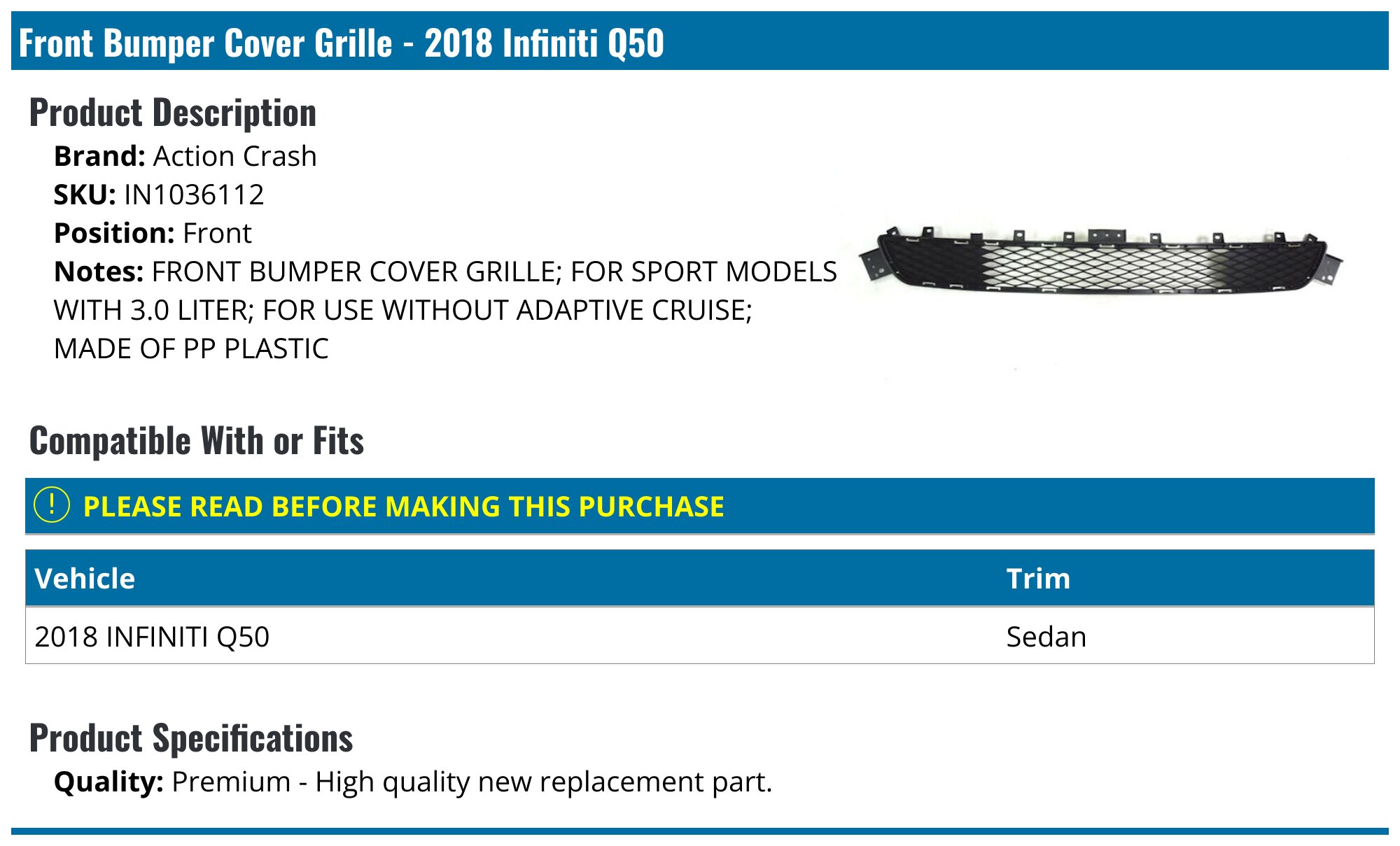 Carbon fibre ABS For Infiniti Q50 2018-2024 Replace Front Bumper Upper Grille