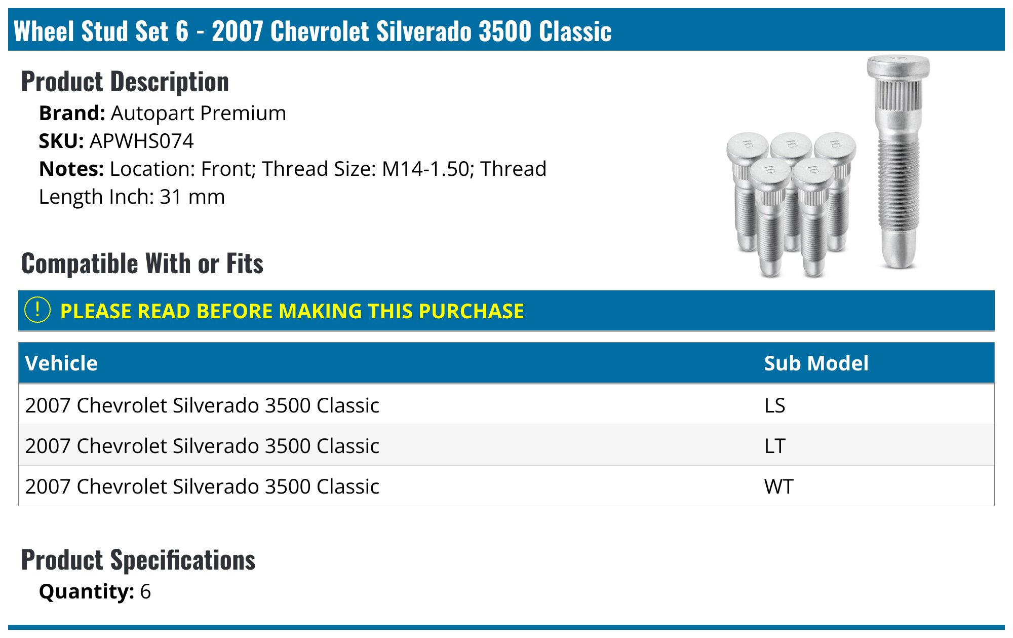 2007 Chevrolet Silverado 3500 Classic Lug Bolt - Autopart Premium ...