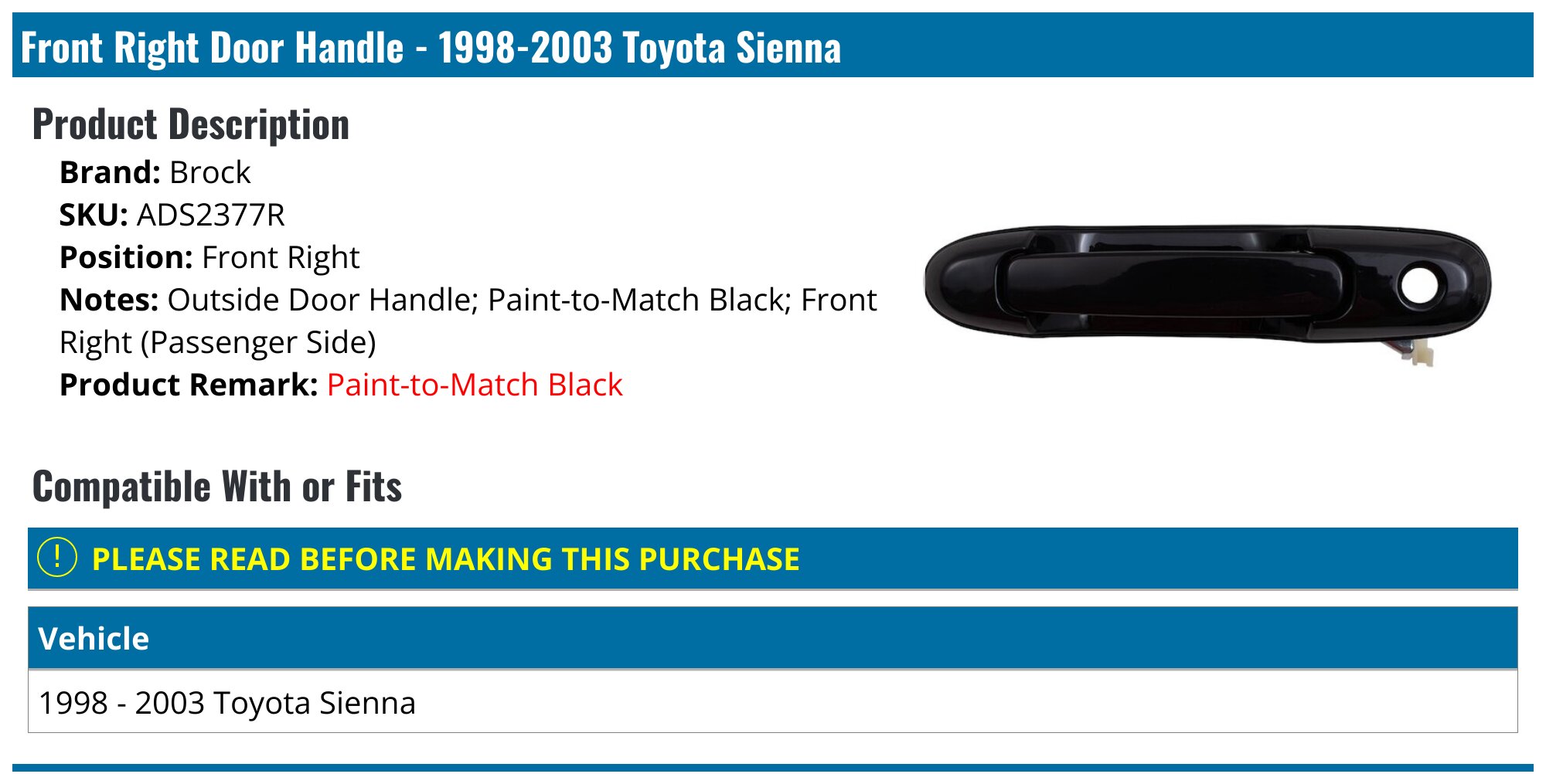 MotorKing Front Left Door Handle For Toyota Sienna – Burgundy 3M6 – Direct Fit