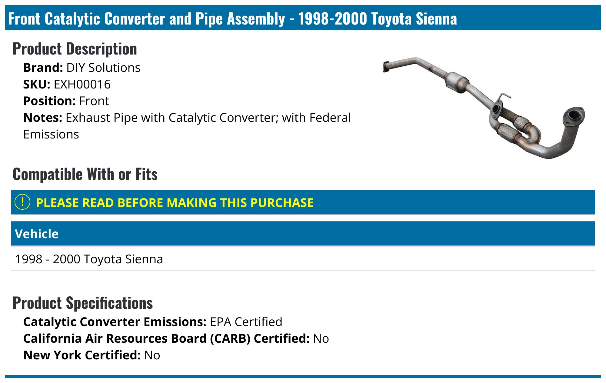 19982000 Toyota Sienna Catalytic Converter DIY Solutions EXH00016