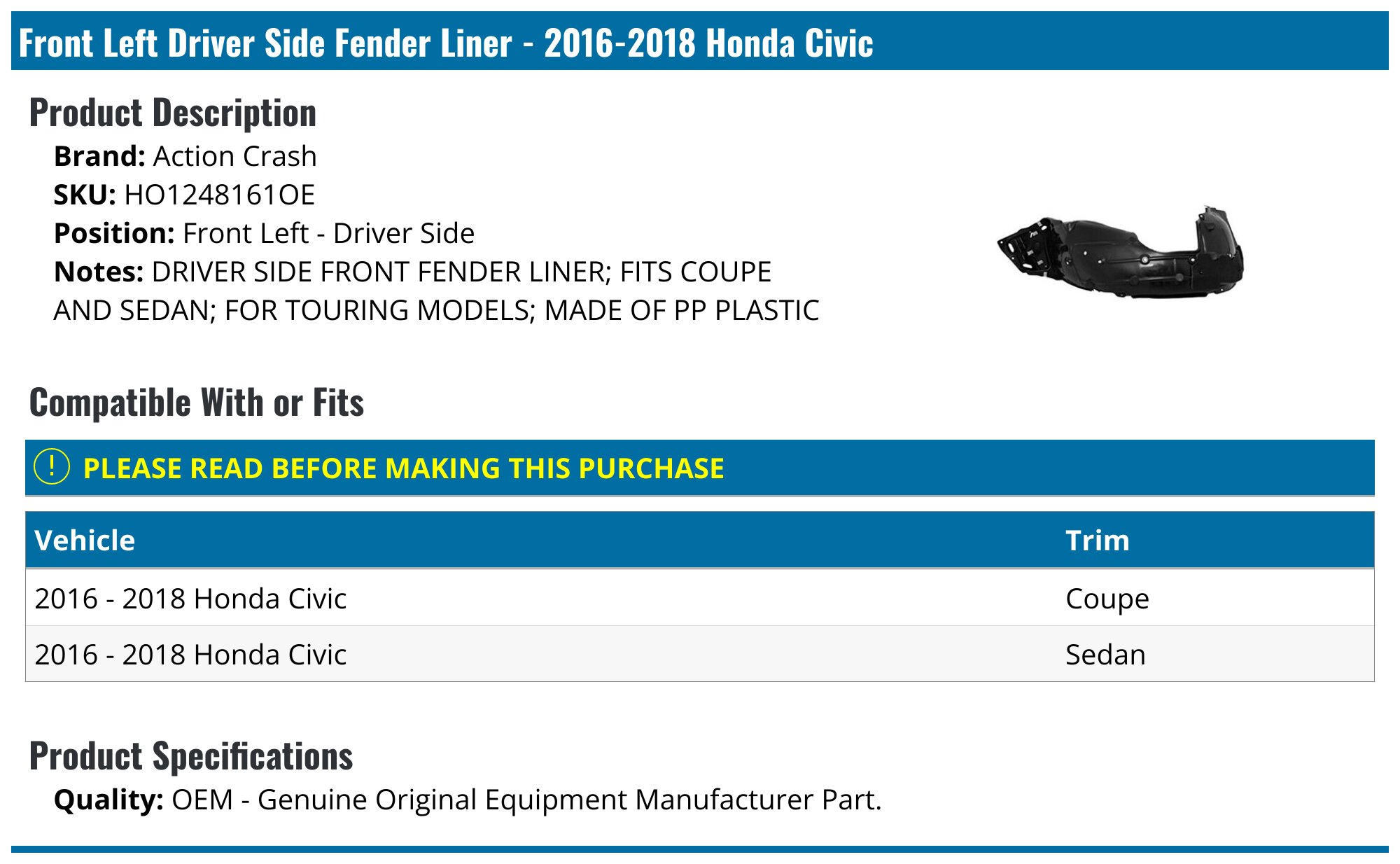 Replacement Front Driver Side Fender Liner For Honda Civic 2016-2018 – Direct Fit