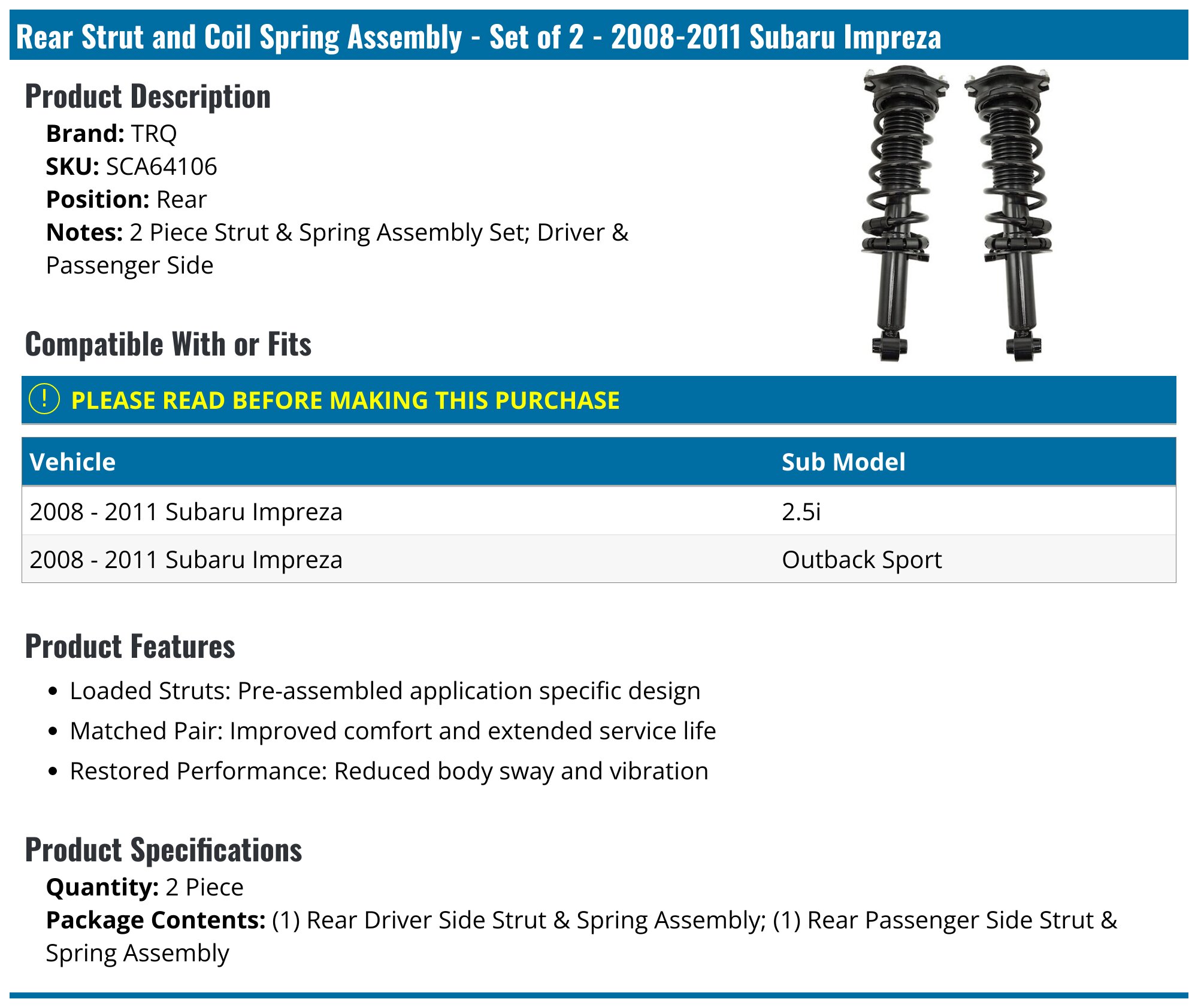 2008-2011 Subaru Impreza Strut Assembly - Monroe 272696 - Rear