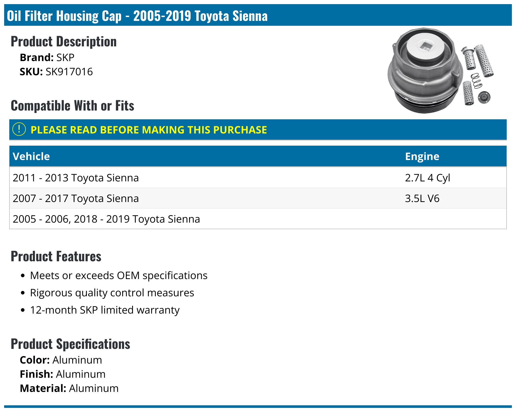 20052019 Toyota Sienna Oil Filter Housing Cap SKP SK917016