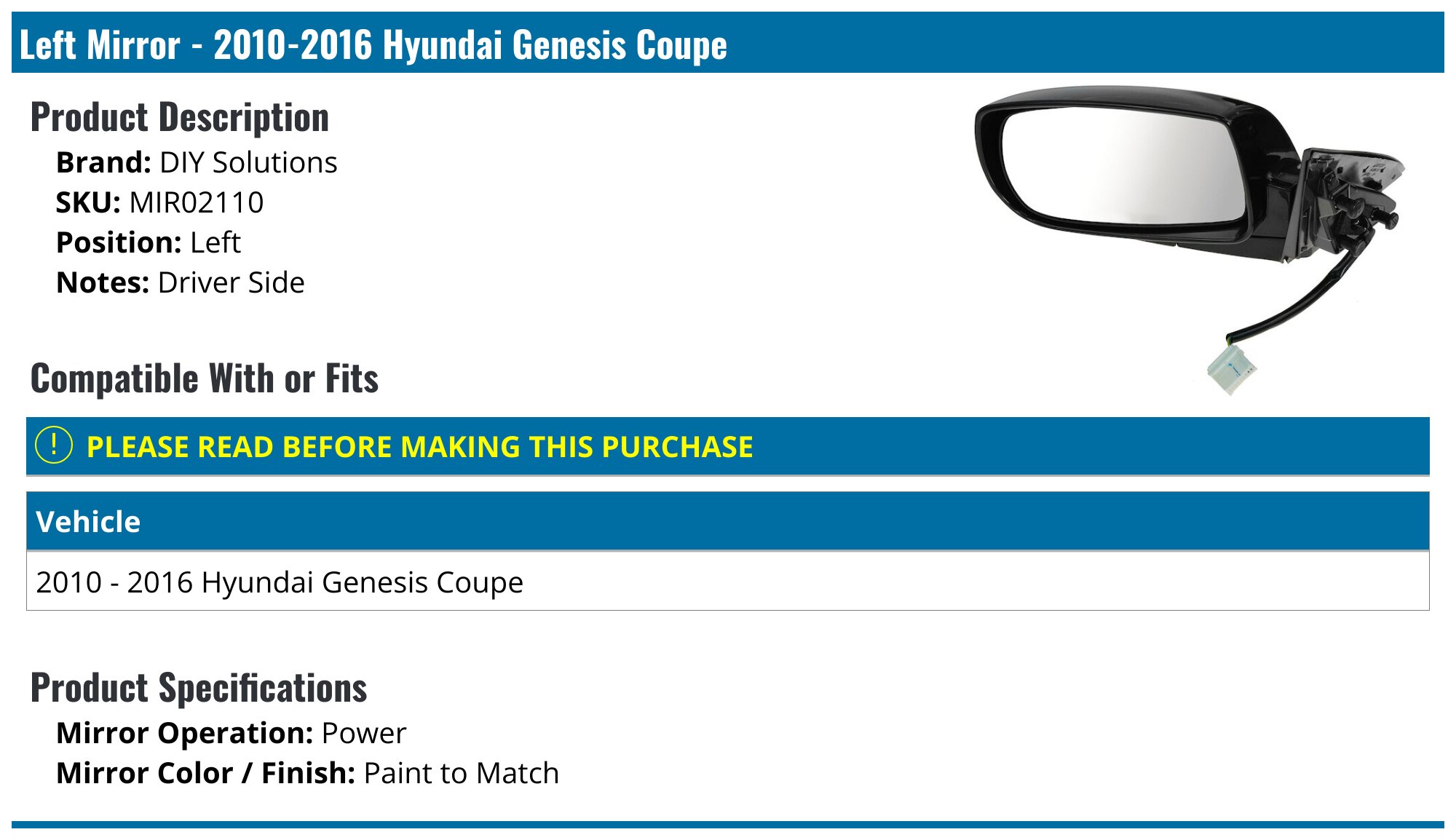 Right Passenger Side Mirror Signal Lamp For Genesis Coupe