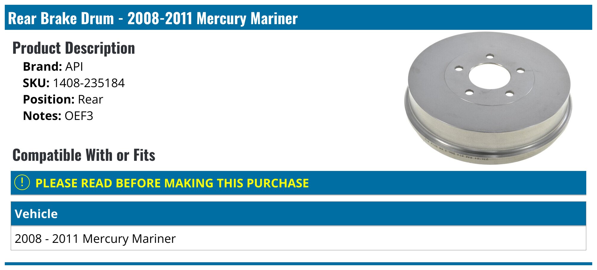 20082011 Mercury Mariner Brake Drum API 2841007635827 Rear