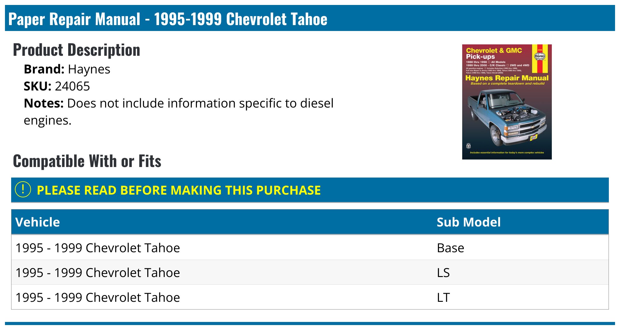 1995-1999 Chevrolet Tahoe Paper Repair Manual - Haynes 24065 