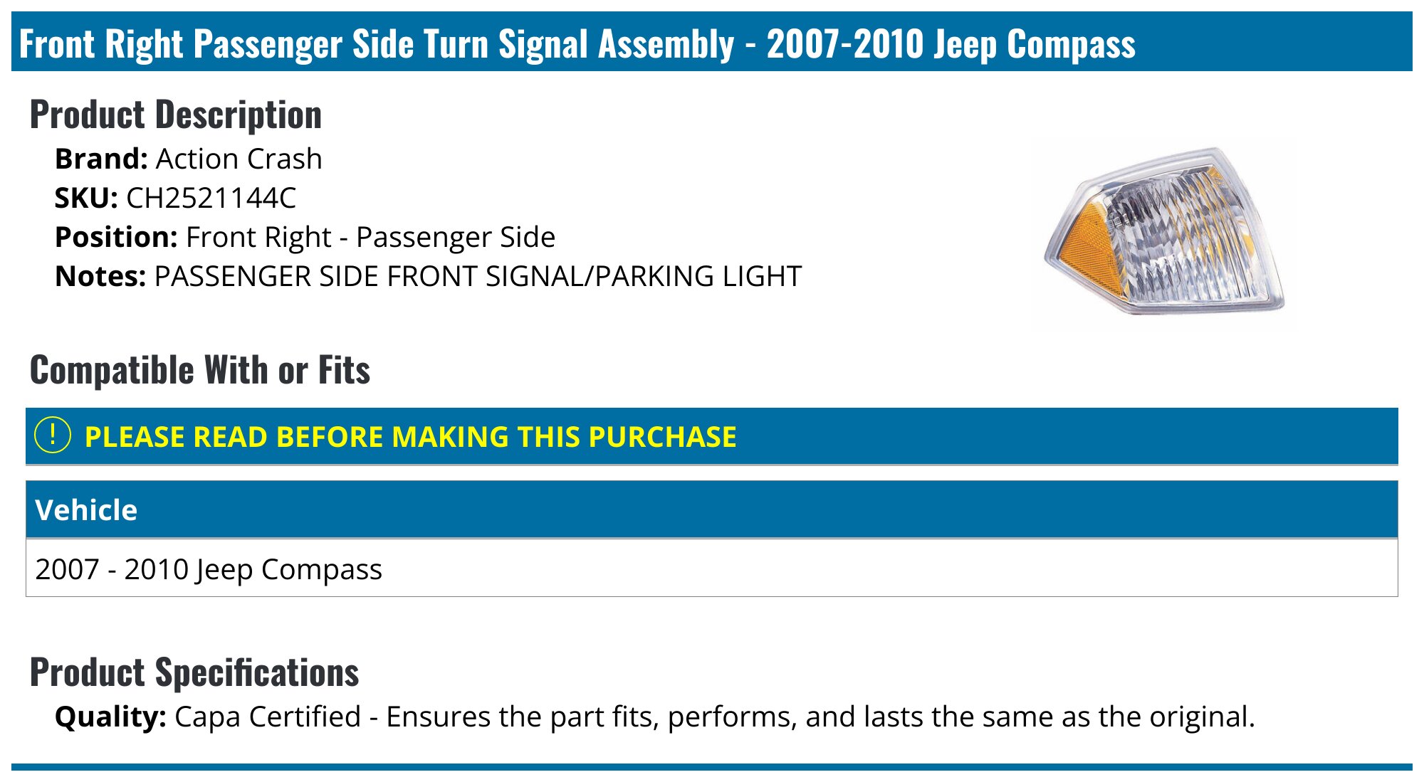 AMOPACORP Corner Turn Signal Cover - Left Driver Side For Jeep Compass 2007-2010 (Clear Amber Lens)
