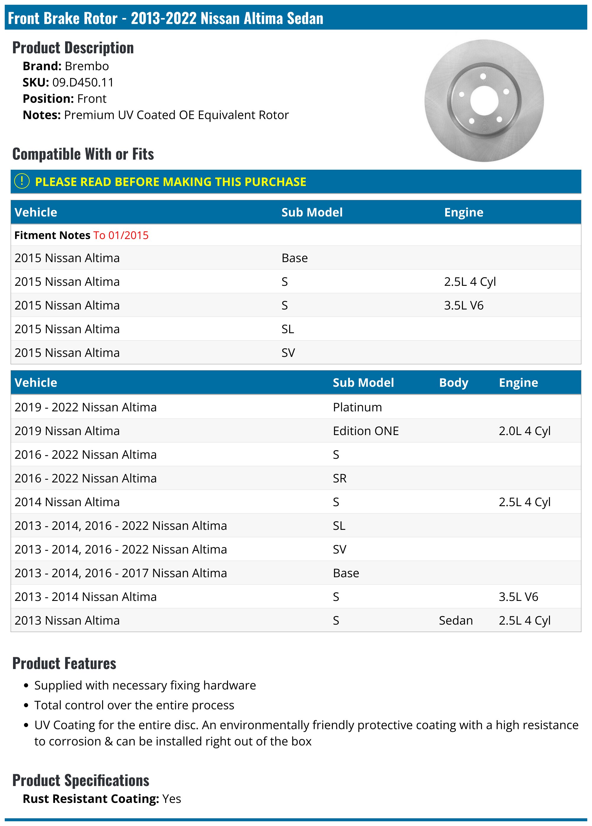 Rear Brake Rotor - Compatible With 2002 - 2023 Nissan Altima 2003 2004 2005 2006 2007 2008 2009 2010 2011 2012 2013 2014 2015 2016 2017 2018 2019 2020 2021 20