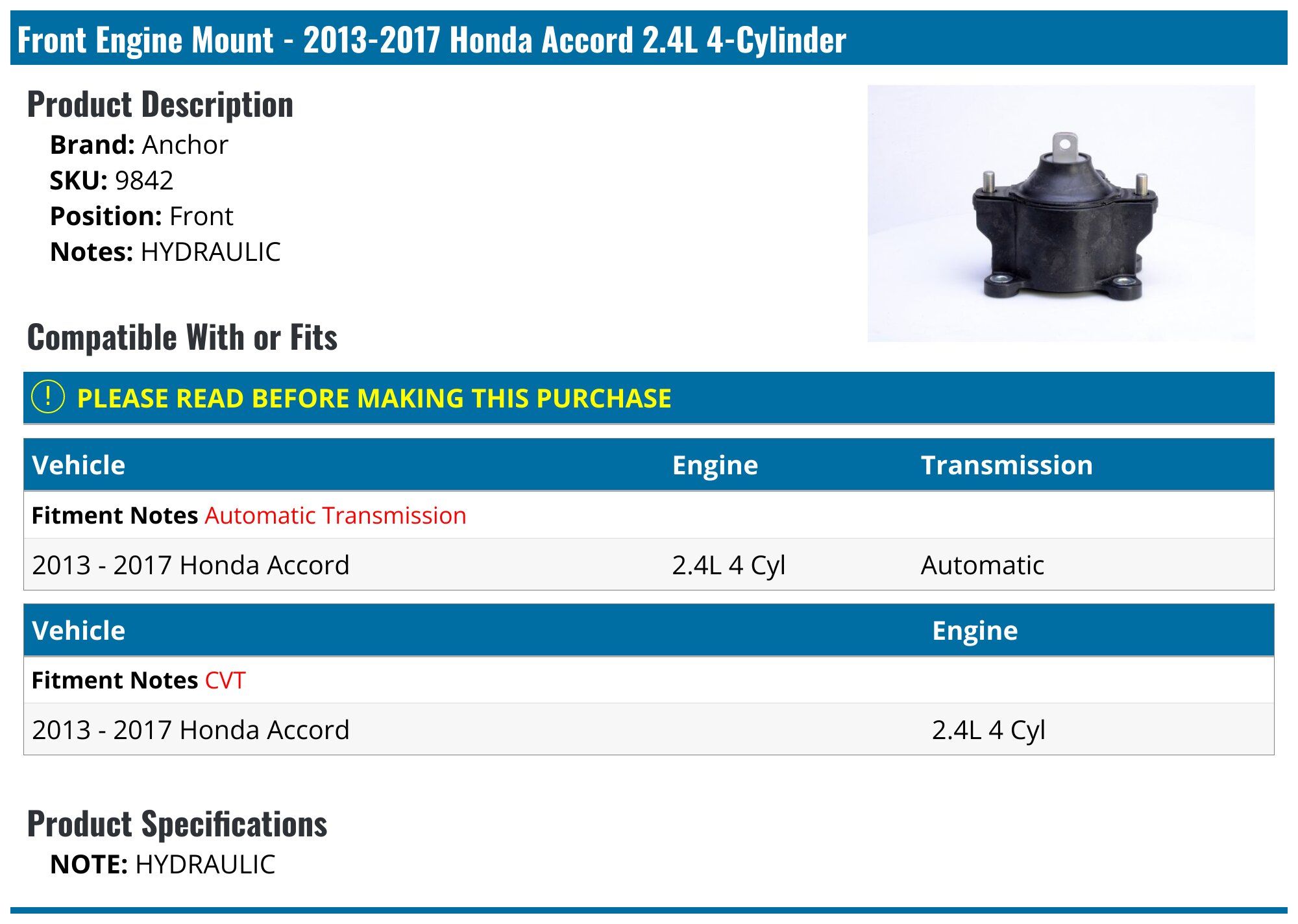 2-Pack Hydraulic Front Engine Mounts For 2013-2017 Honda Accord 2.4L Automatic Transmission