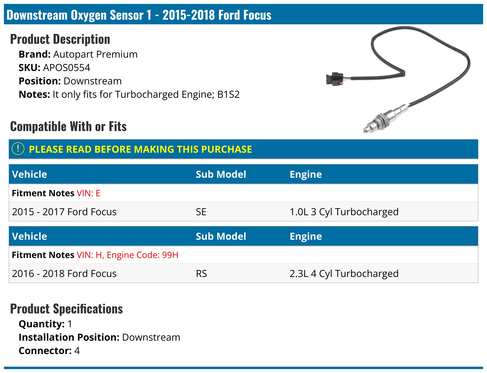 2015-2018 Ford Focus Oxygen Sensor - Autopart Premium APOS0554 ...