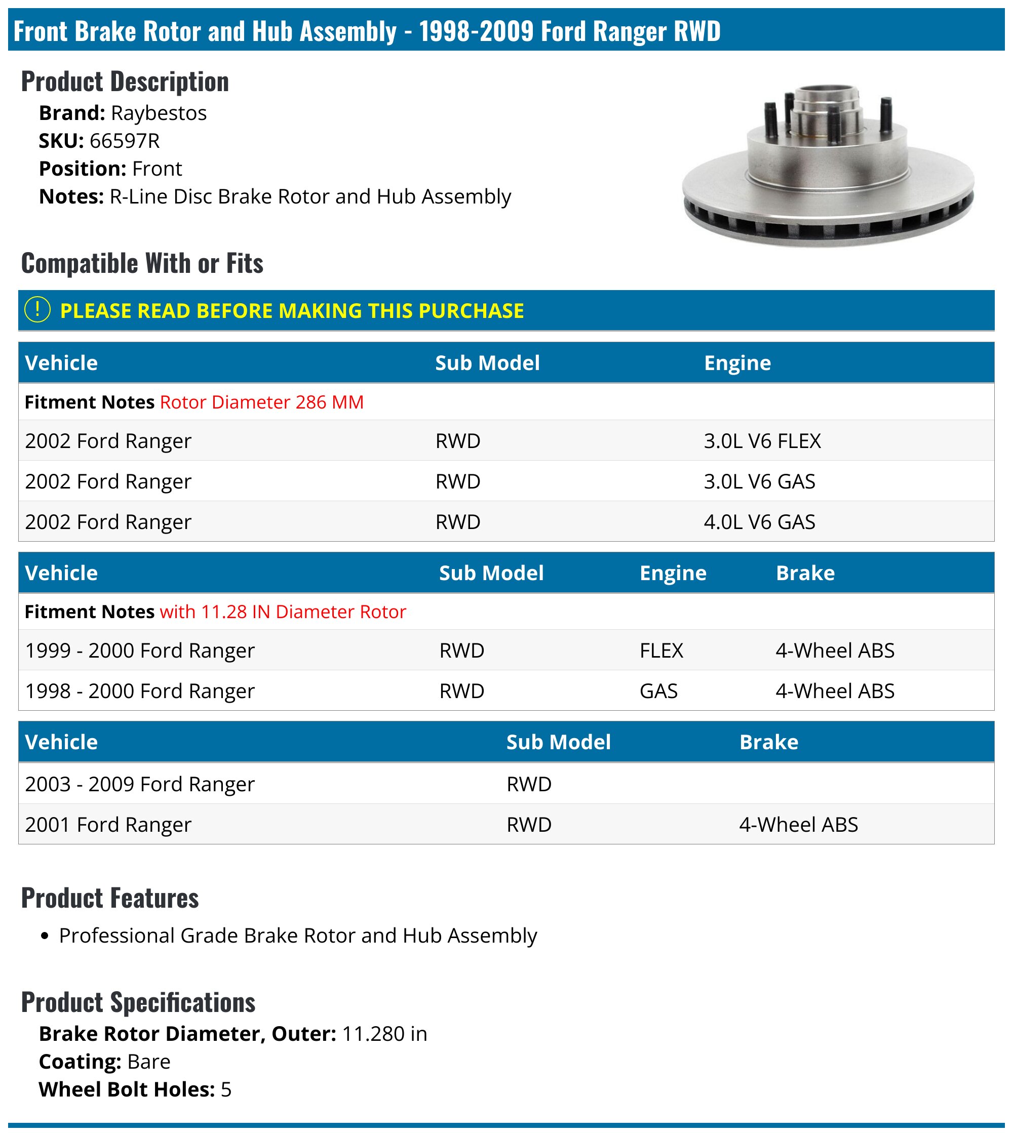 1998-2011 Ford Ranger Brake Rotor and Hub Assembly - Raybestos 66597R ...