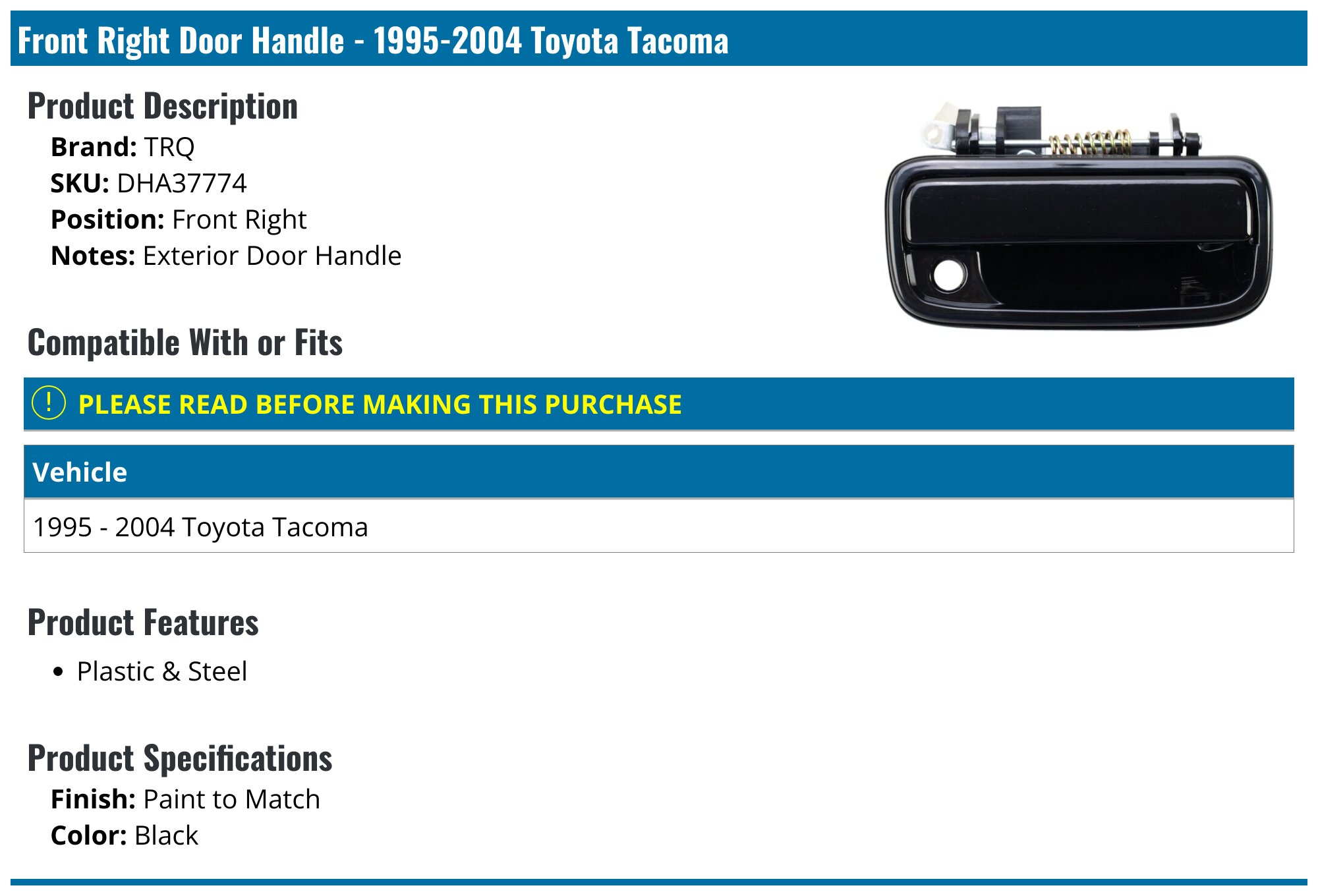 Front Passenger Side Door Handle – Toyota Tacoma 1995-2004 – Textured Black – With Key Hole