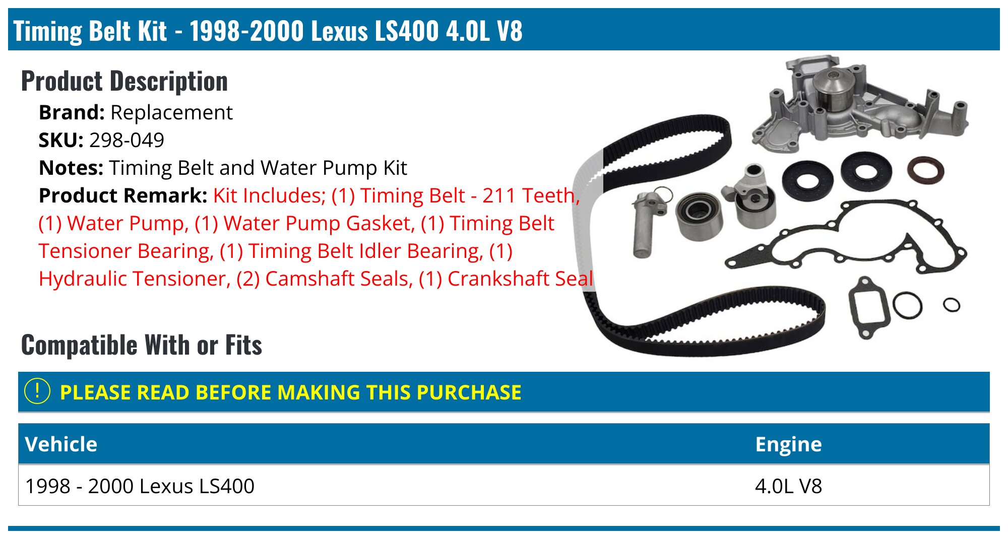 Complete Timing Belt & Water Pump Kit For Lexus LS400 1998-2000 – AISIN V8