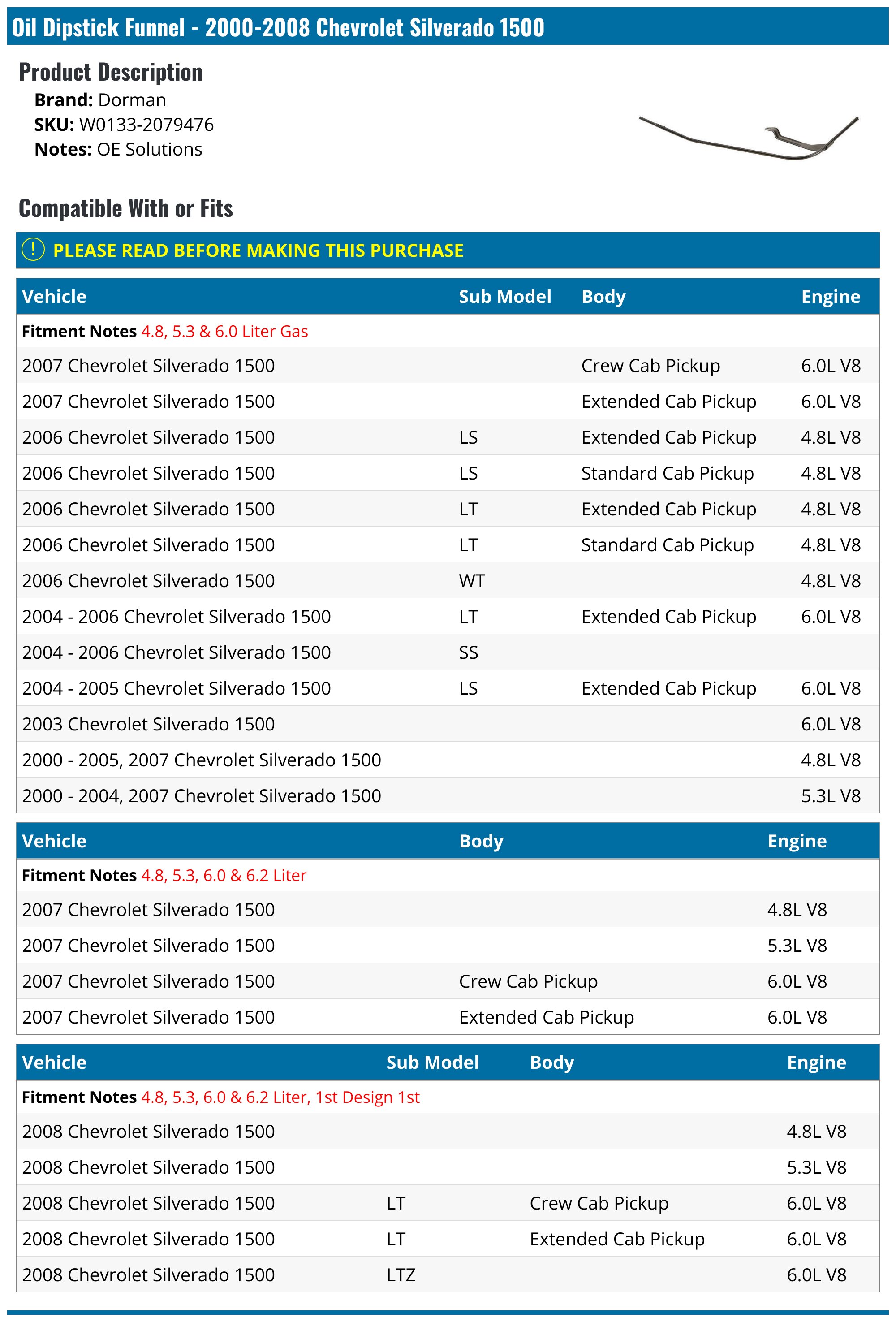 20002008 Chevrolet Silverado 1500 Oil Dipstick Funnel Dorman W0133