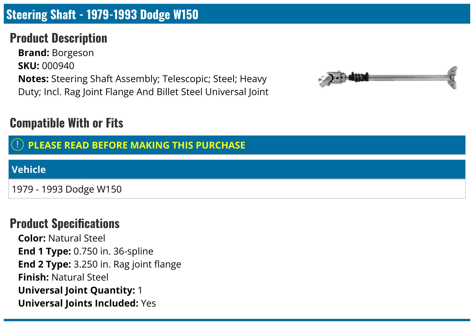 Labwork Steering Shaft For 1979-1993 Dodge D/W Series Pickup Trucks (100-350), Part 000940