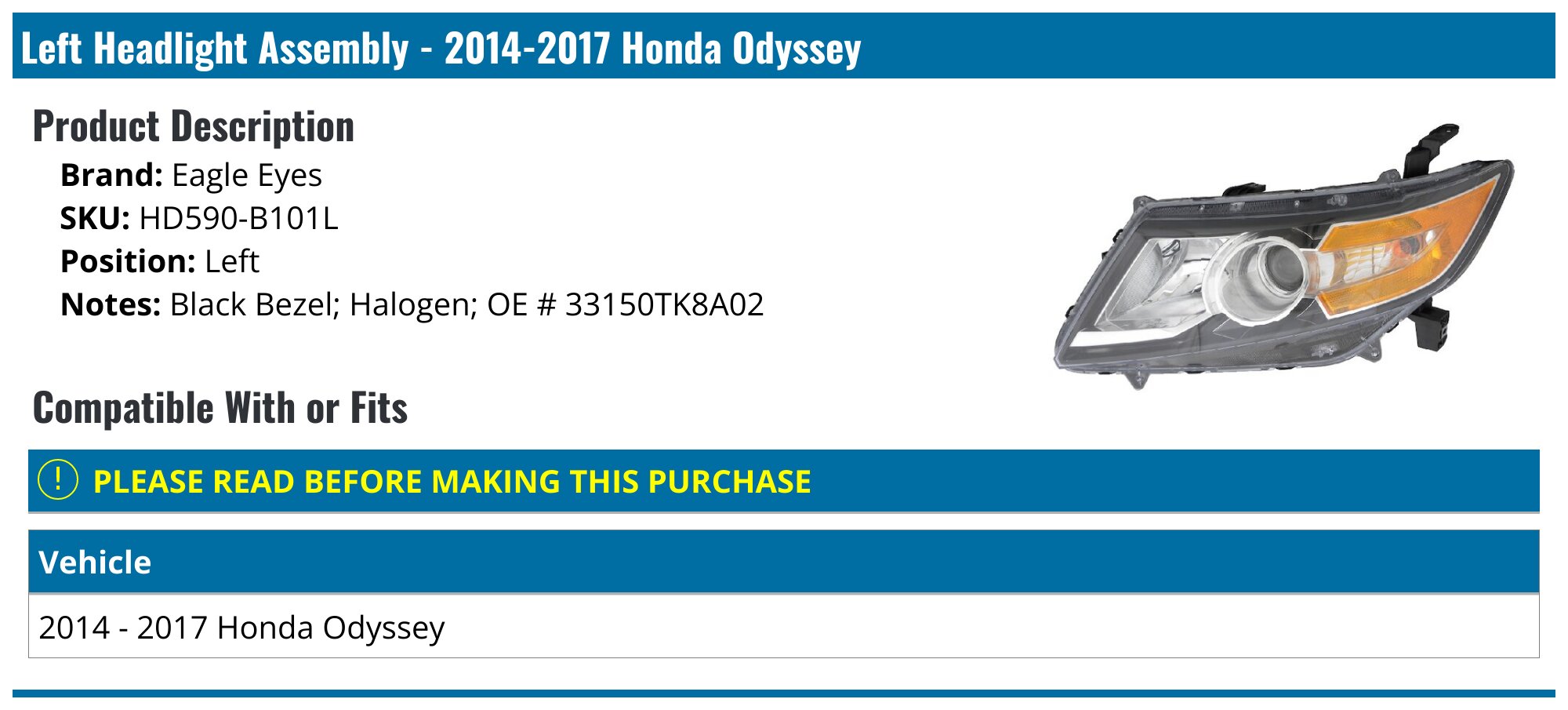 Pair Headlights For Honda Odyssey 2011-2017 – Black Housing Halogen, Left+Right, Munirater