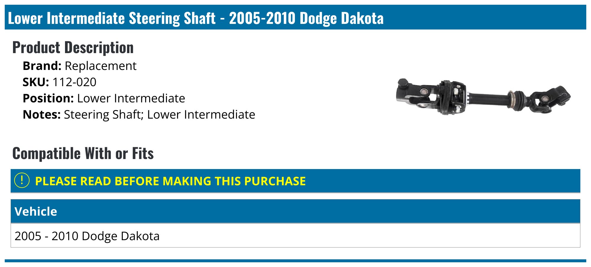 2005 Dodge Ram 2500 Lower Intermediate Steering Shaft