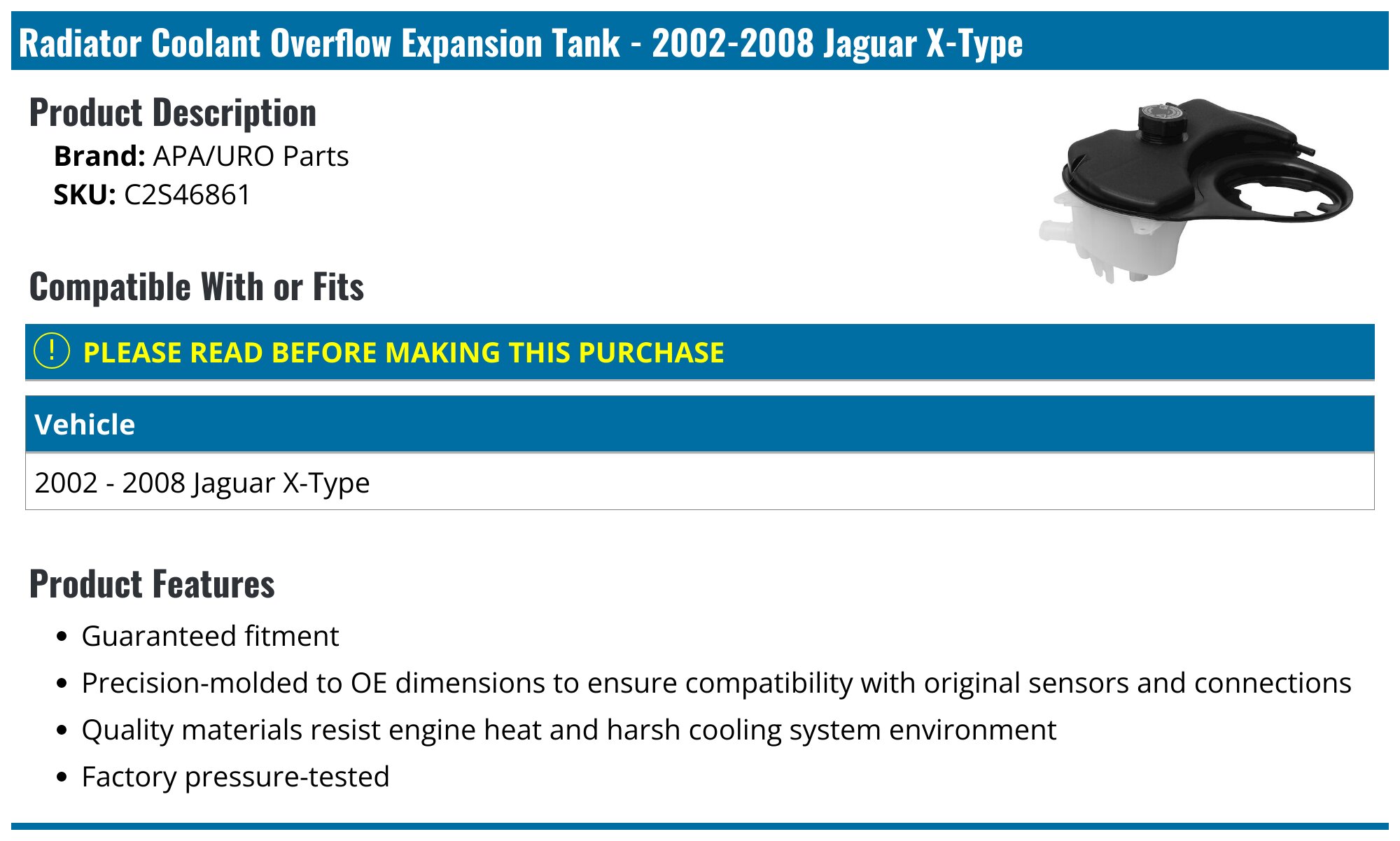 ECCPP Radiator Coolant Overflow Tank With Cap – Fits Jaguar X-Type 3.0L (2002-2008) – Direct Replacement C2S18320