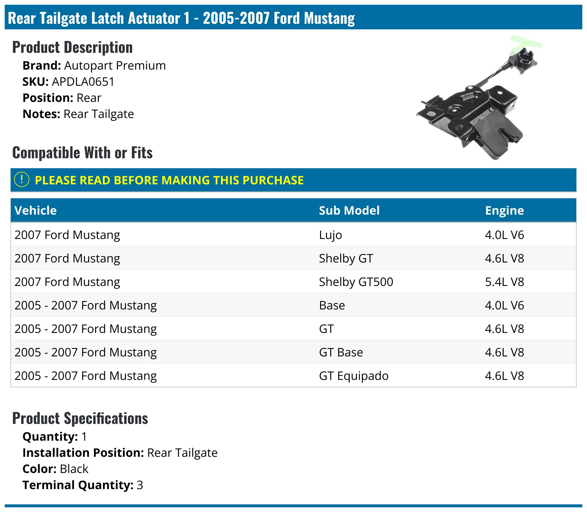 2005-2007 Ford Mustang Trunk Lock Actuator Motor - Autopart Premium ...