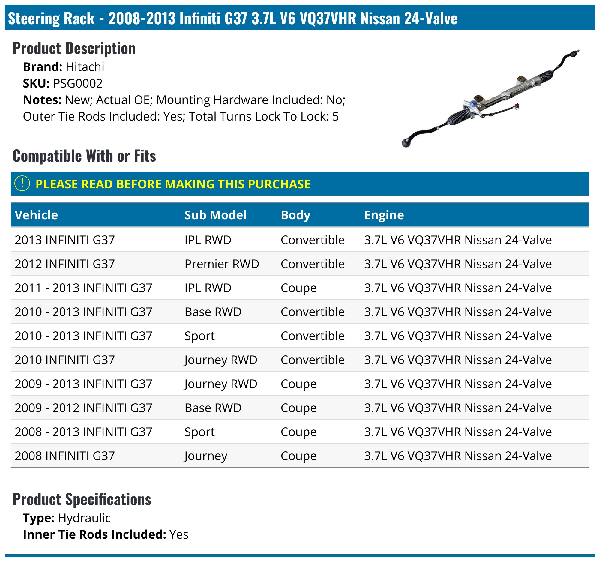 20082013 Infiniti G37 Steering Rack Hitachi PSG0002
