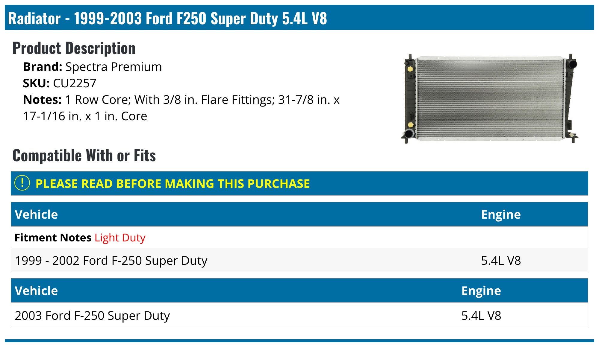 Aluminum/Plastic Radiator For Ford F-250/F-350 Super Duty 1999-2004 5.4L W/Trans Cooler