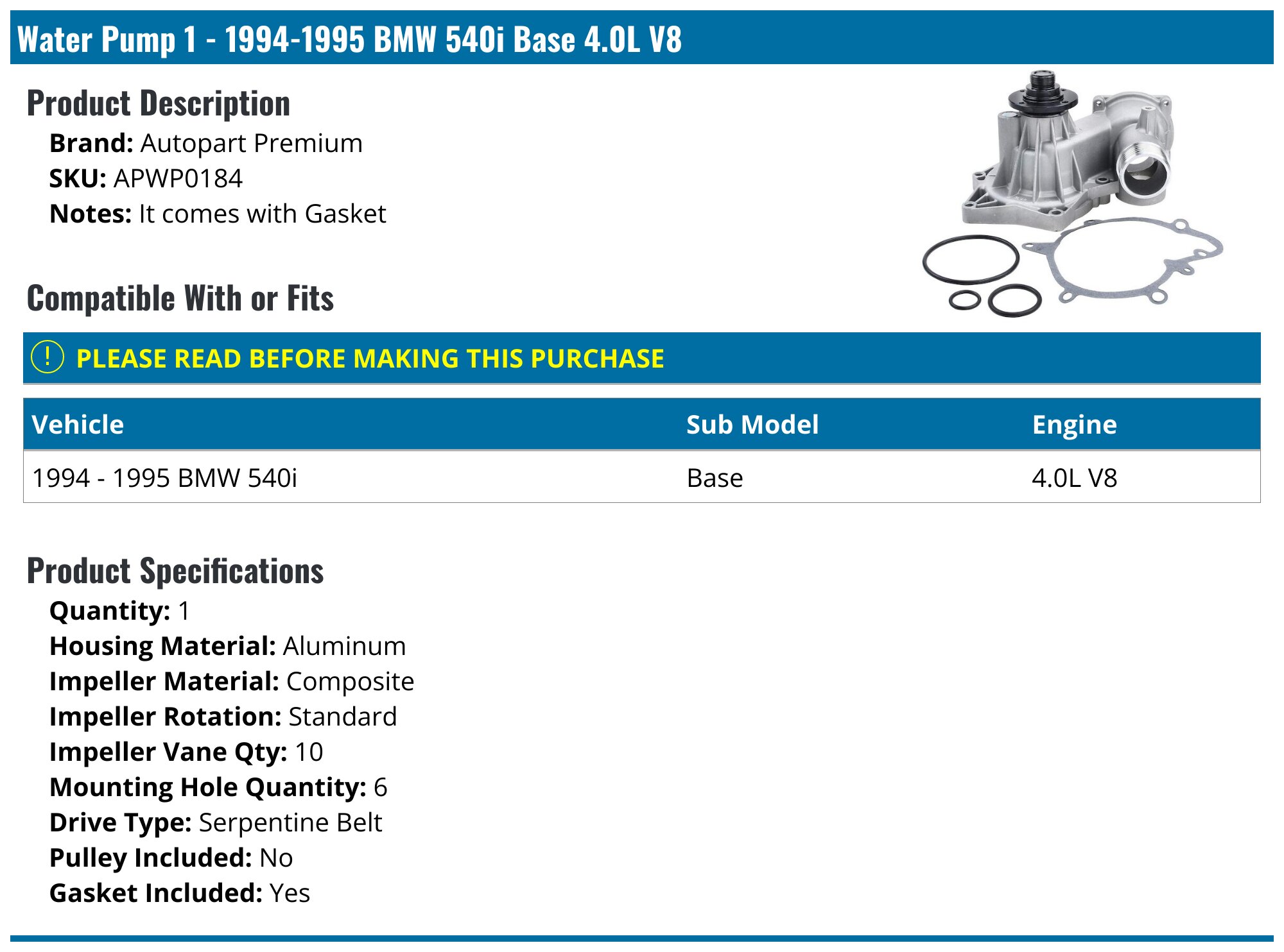 Aluminum Water Pump W/ Gasket - Fits BMW E39 540i 97-98, E38 740i/740iL, E31 840Ci V8 4.4L