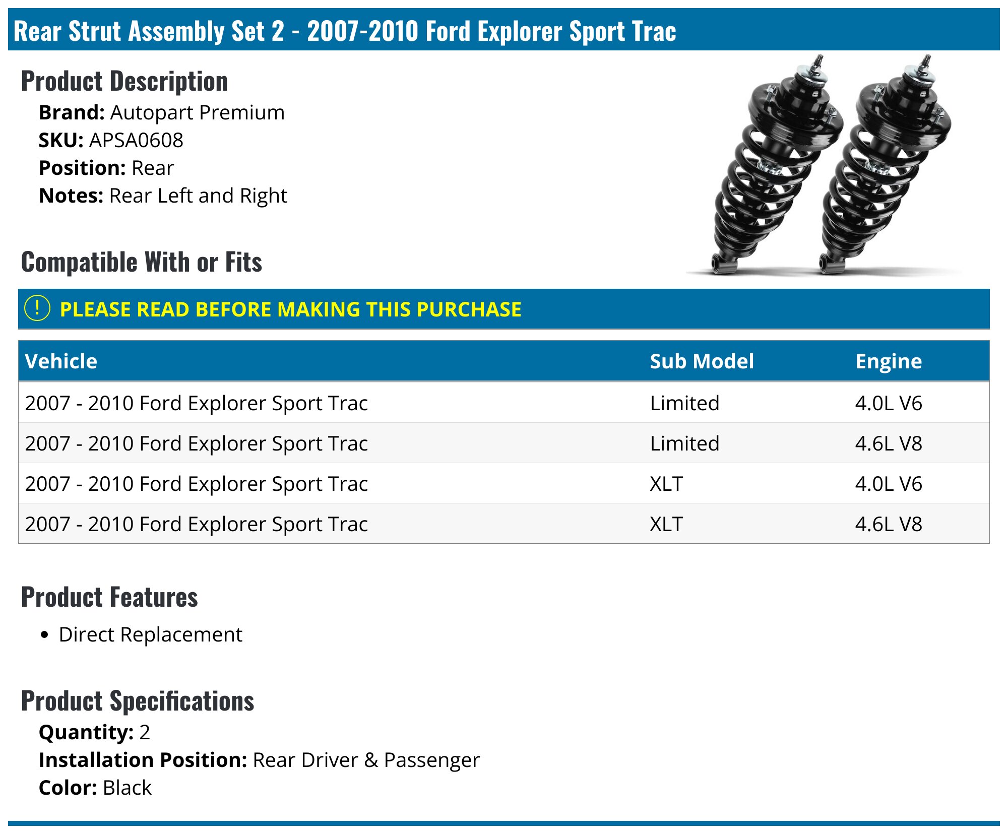 For 2007~2010 Ford Explorer Sport Trac 2x Front FCS Struts Assembly