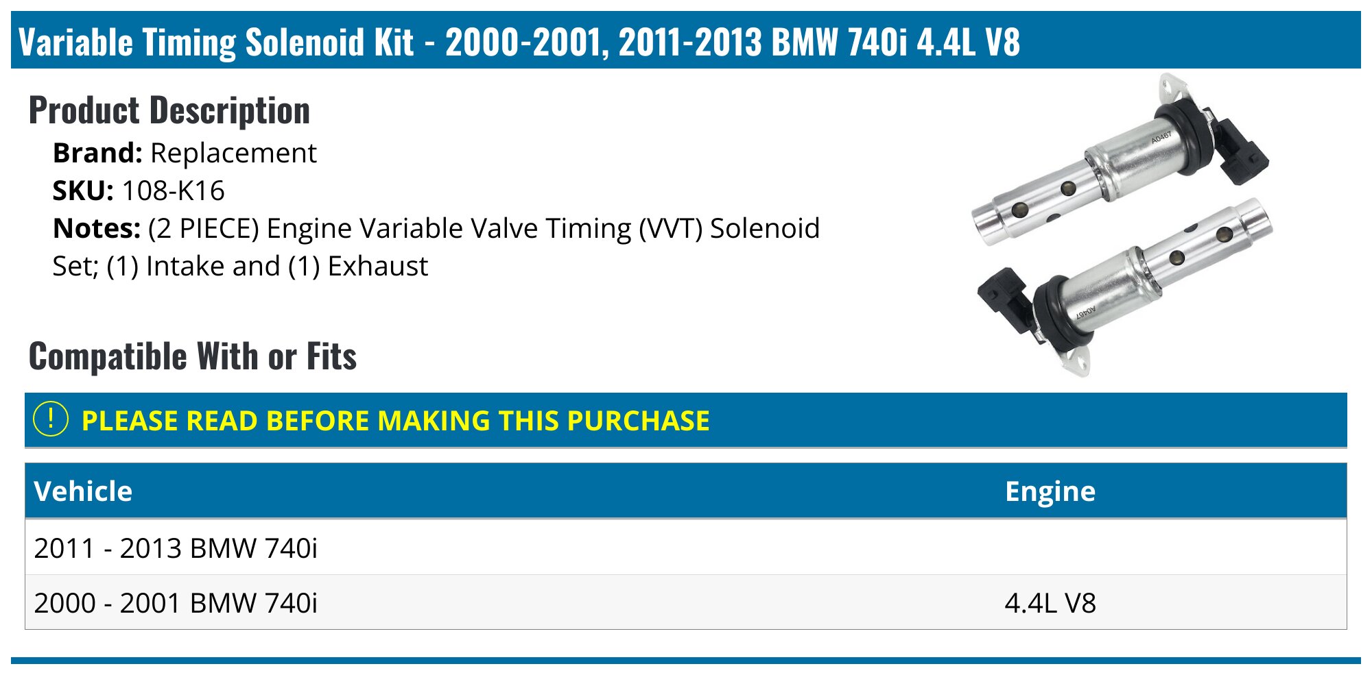 2011-2012 BMW 740i Variable Timing Solenoid - Replacement 108-K16 ...