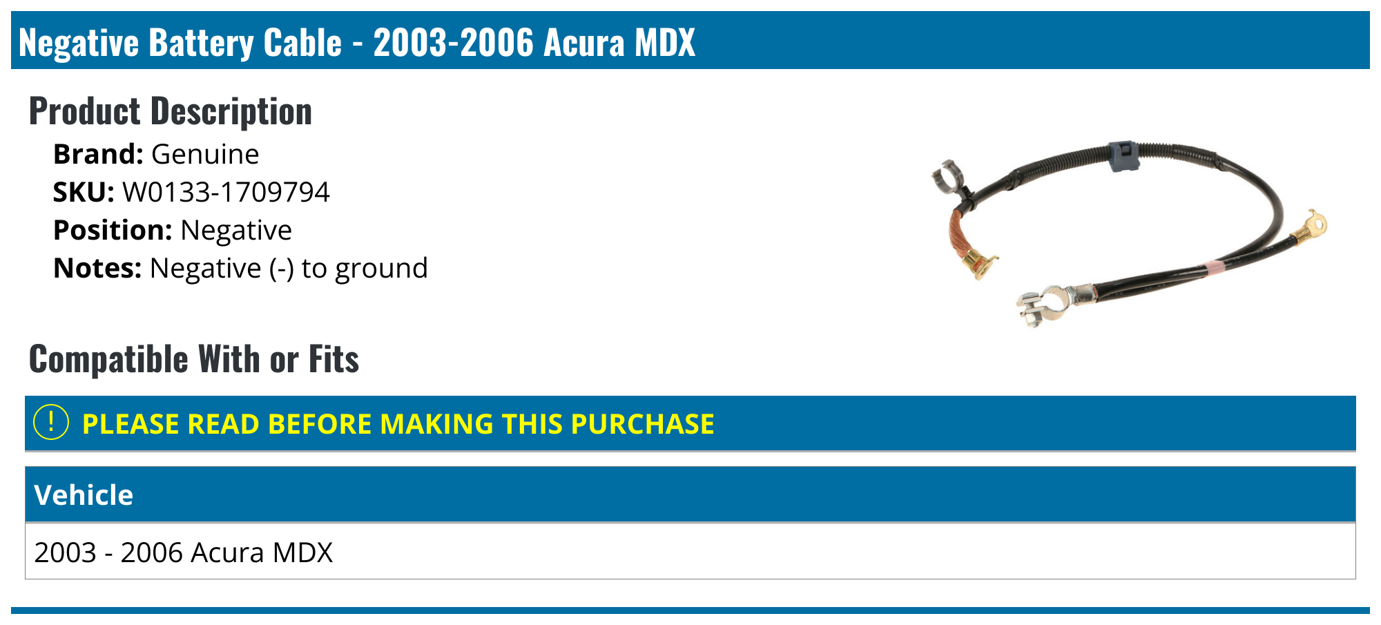 2003 - 2006 Acura MDX Battery Cable Genuine W0133-1709794 Negative Replacement 2003,2004,2005,2006, image size:2000x905