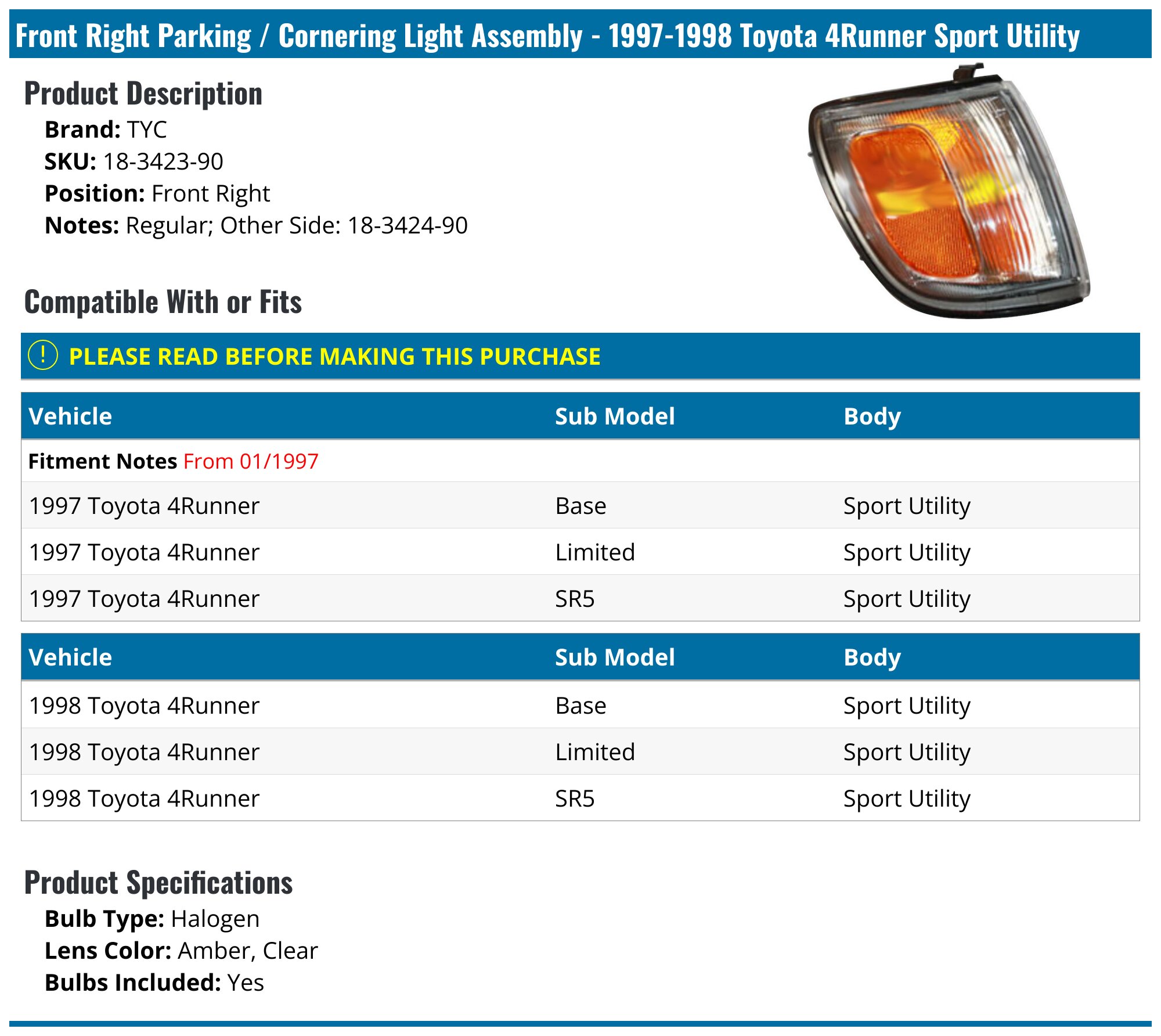 TYC Left Parking/Cornering Light Assembly For 1997-1998 Toyota 4Runner - Driver Side Replacement
