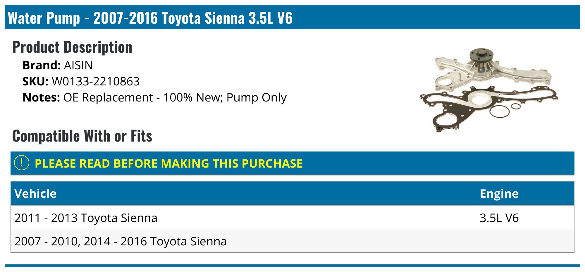 Water Pump For 2007-2016 Toyota Sienna 3.5L V6 – API V264PF