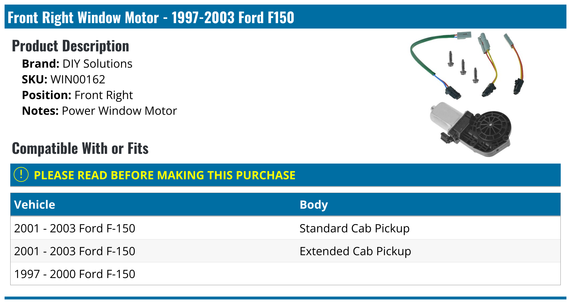 1997-2003 Ford F150 Window Motor - DIY Solutions WIN00162 - Front Right ...