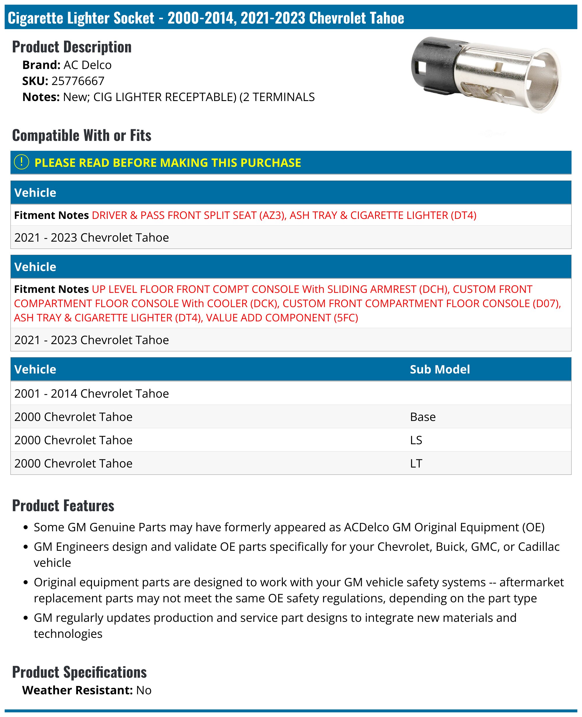 Cigarette Lighter Socket - 2000-2014, 2021-2023 Chevrolet Tahoe