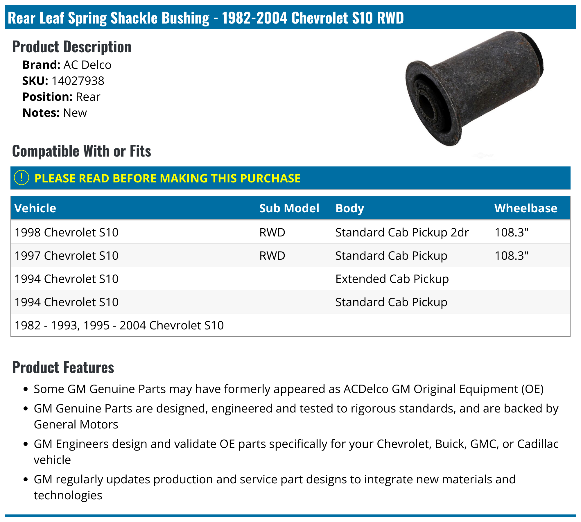 19822004 Chevrolet S10 Leaf Spring Shackle AC Delco 14027938 Rear