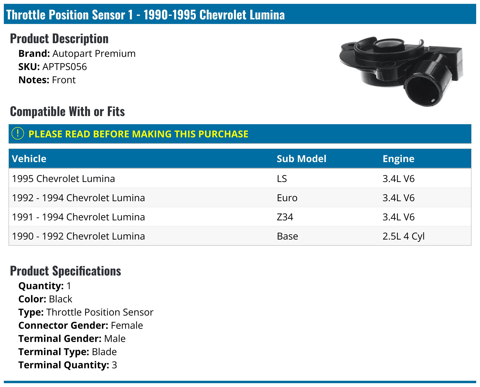 Throttle Position Sensor For 1990-1995 Chevrolet Corvette ZR-1 – Direct Replacement