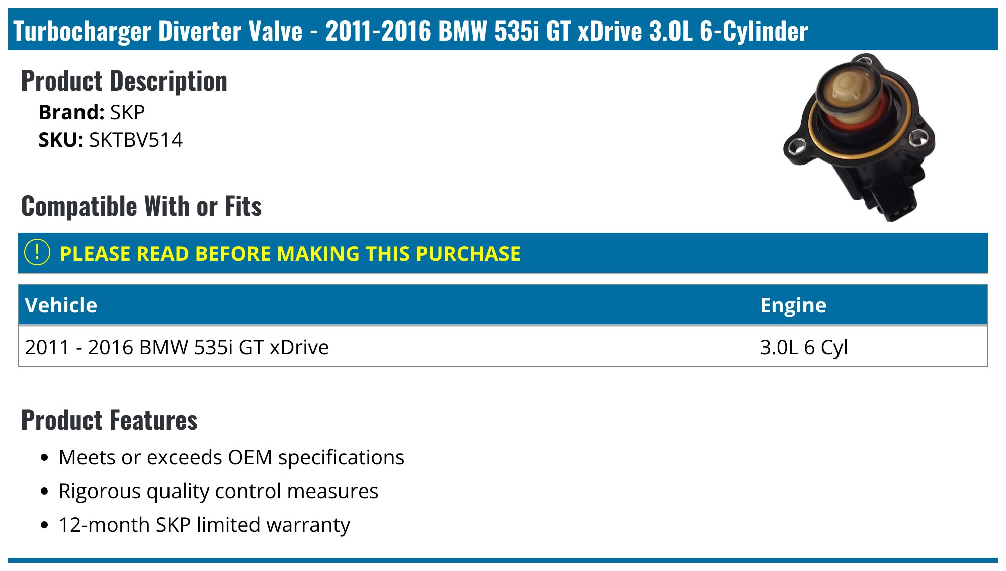 2011-2016 BMW 535i GT xDrive Turbocharger Bypass Valve - SKP SKTBV514 ...