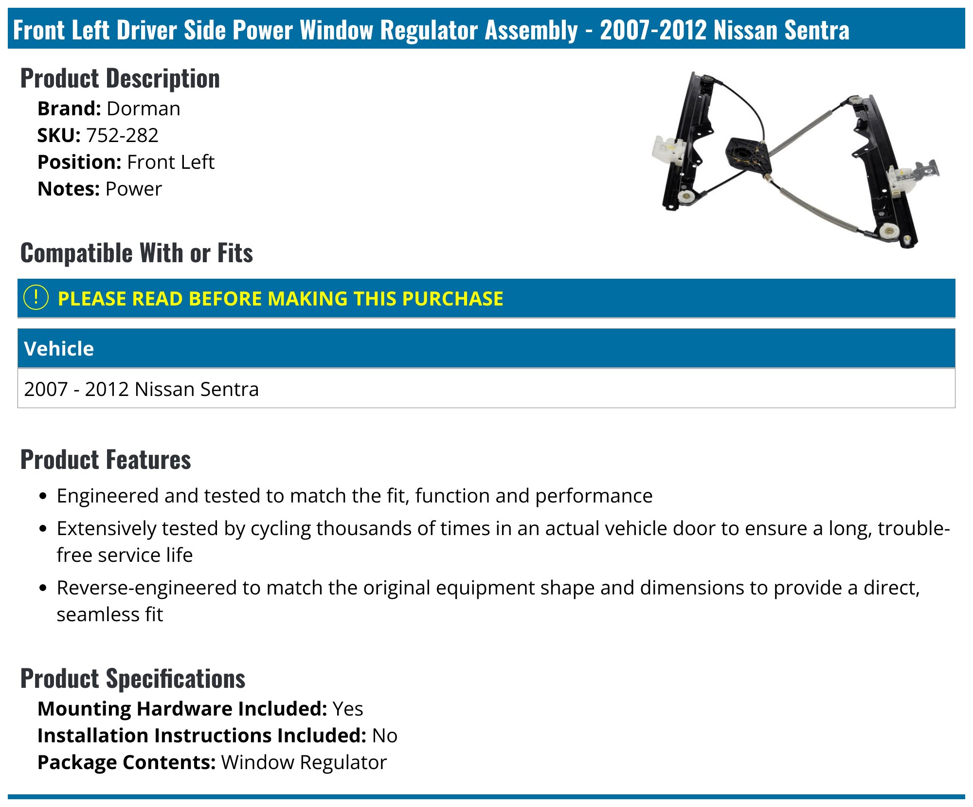 A-Premium Power Window Regulator Without Motor For Nissan Sentra 2007-2012 – Front Left Driver Side, OE Replacement Part (Fits Models 752-282, 80721ET000)