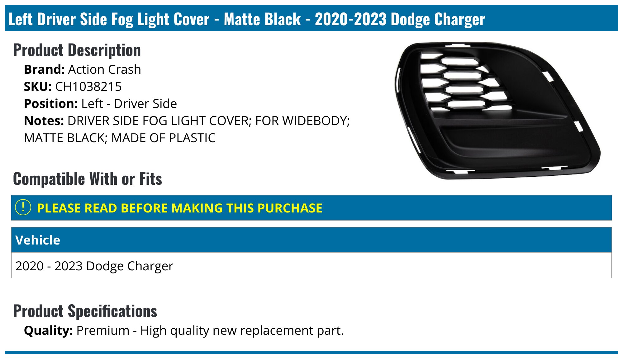 sour blue dust foger flavor 2020-2023 Dodge Charger Fog Light Cover - Action Crash CH1038215 - Left -  Driver Side