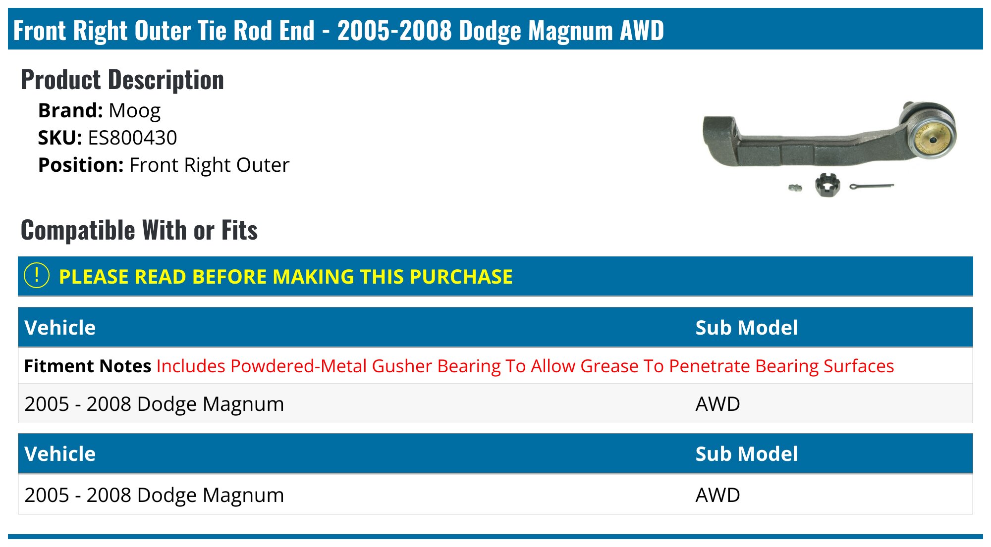 2005-2008 Dodge Magnum Tie Rod End - Moog ES800430 - Front Right