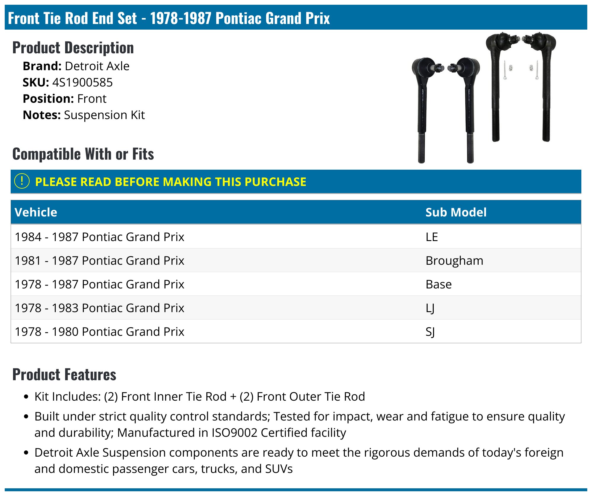 19781987 Pontiac Grand Prix Tie Rod End Detroit Axle 4S1900585