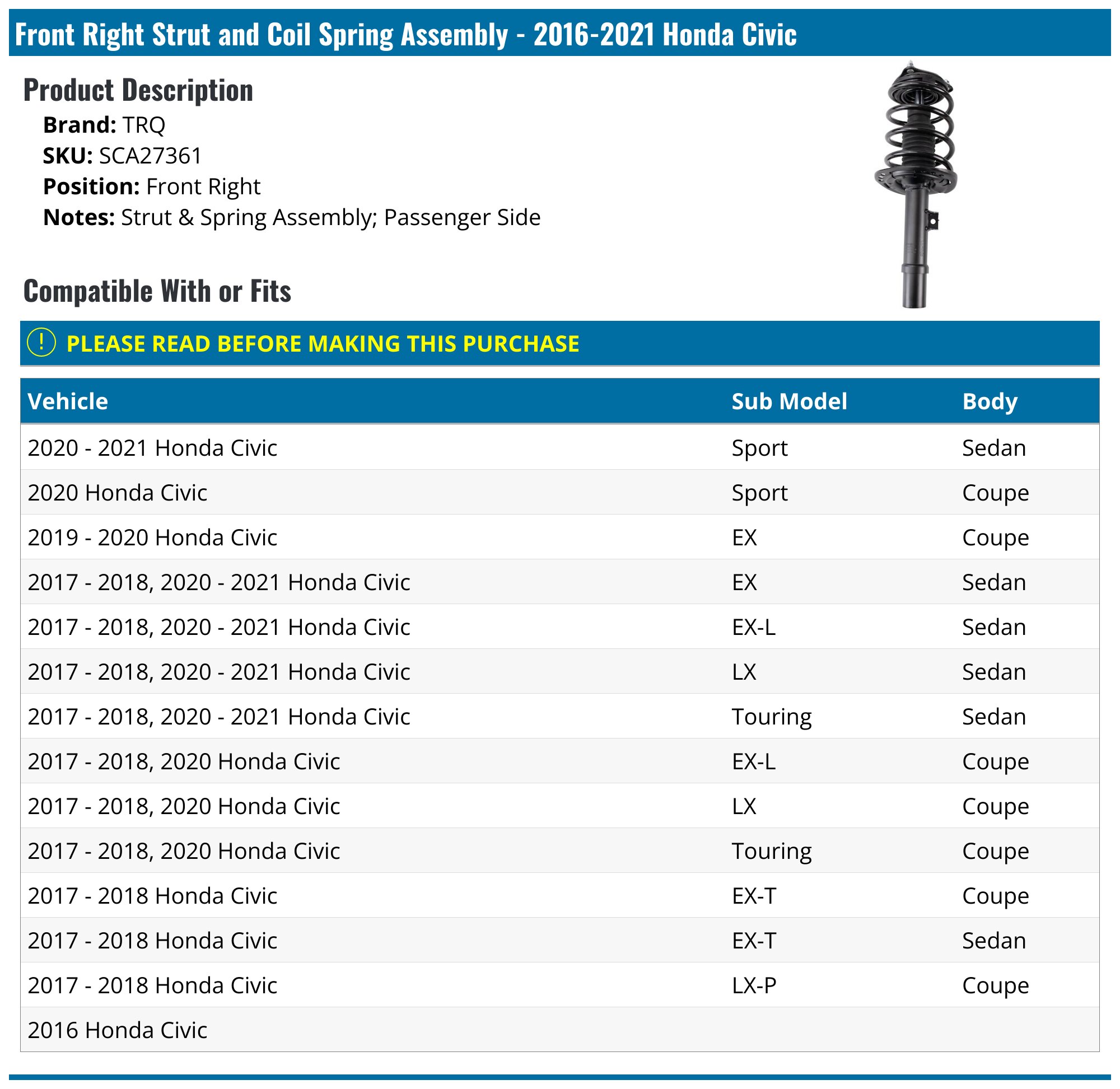 AM Autoparts Front Strut & Spring Assembly Set For 2016-2021 Honda Civic – Pair, 10-Year Warranty