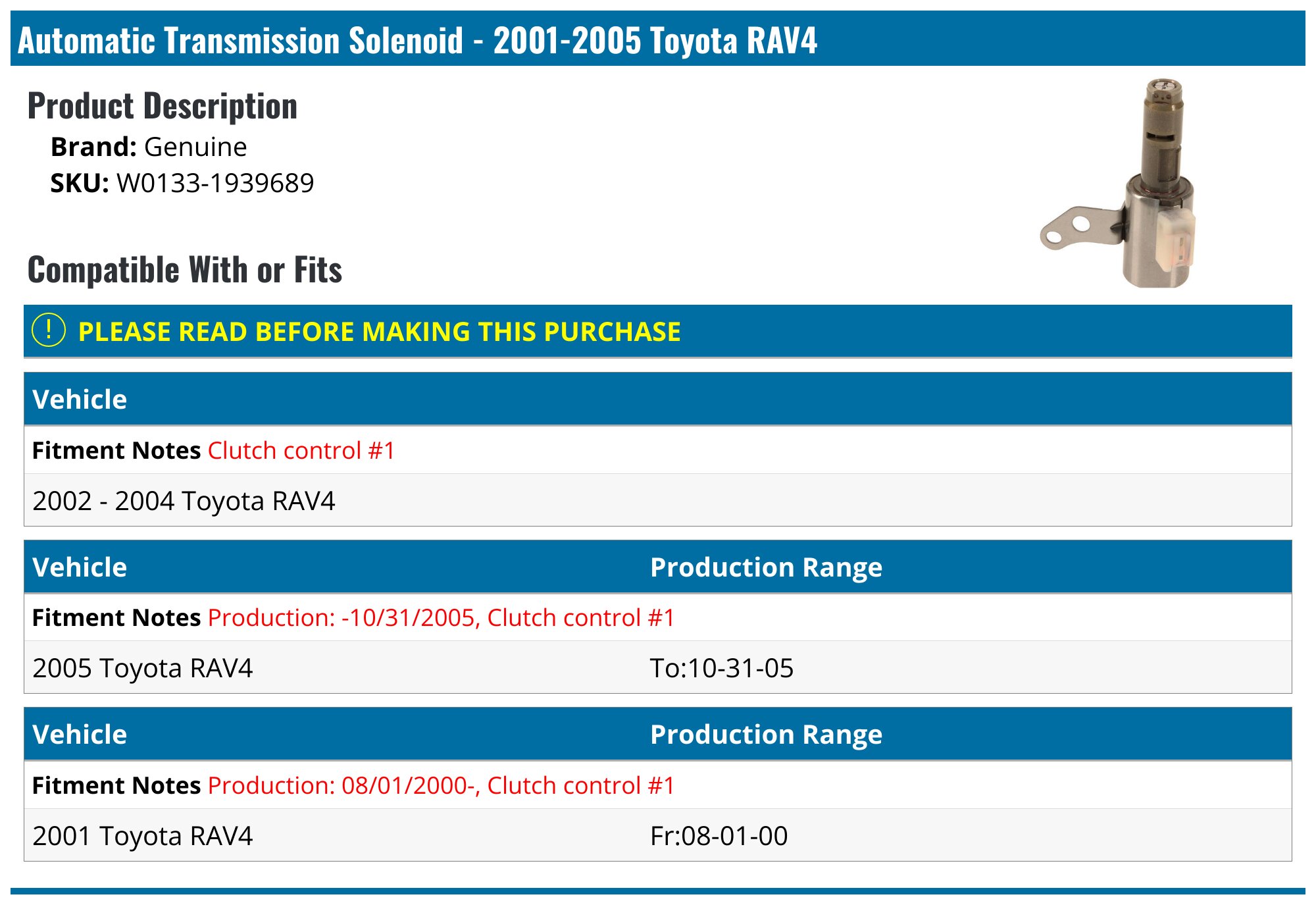 Toyota RAV4 Automatic Transmission Solenoid - AT Solenoids