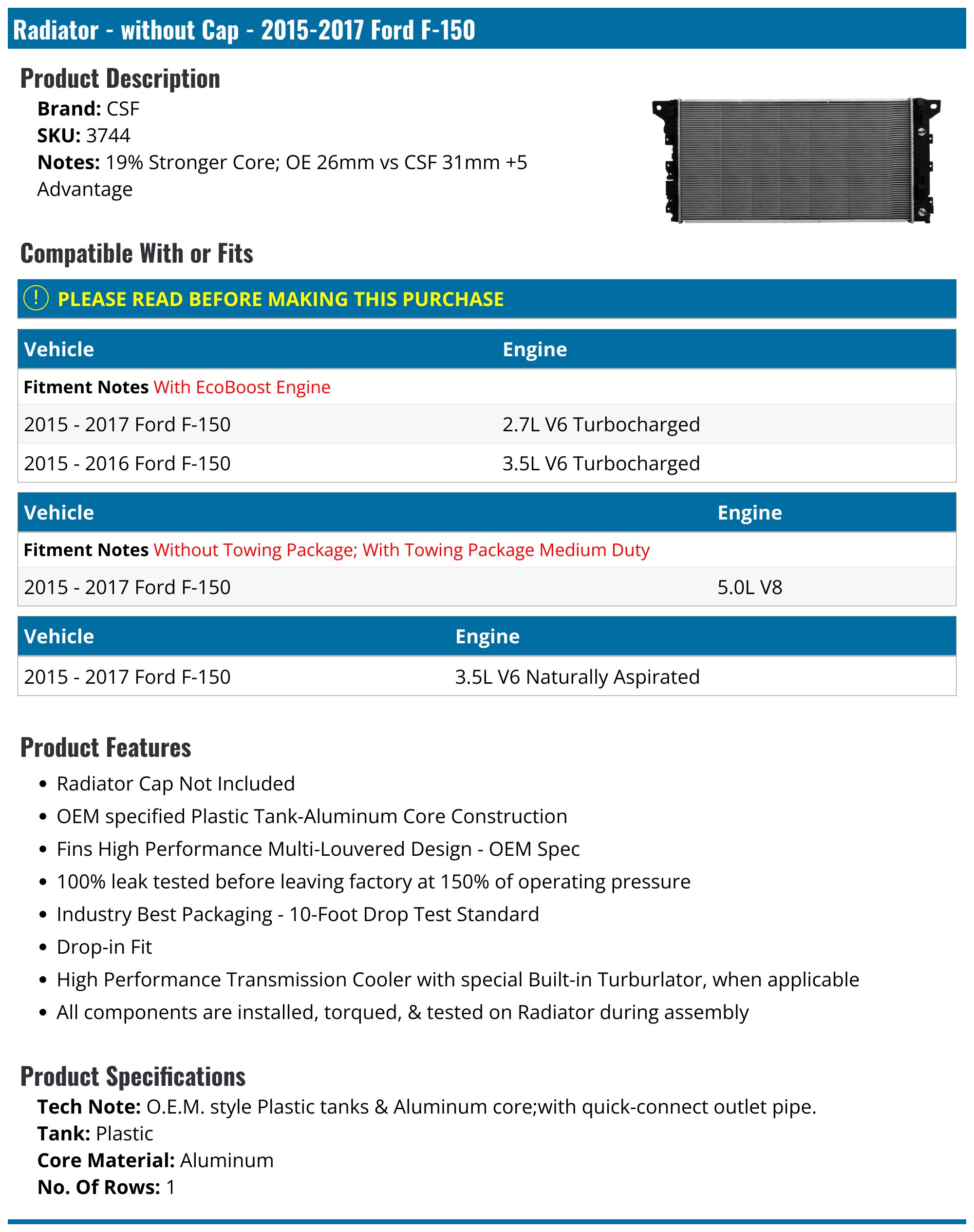 Ford Radiator | F150 F250 Super Duty F350 Explorer - 2008 2015 2017 2006