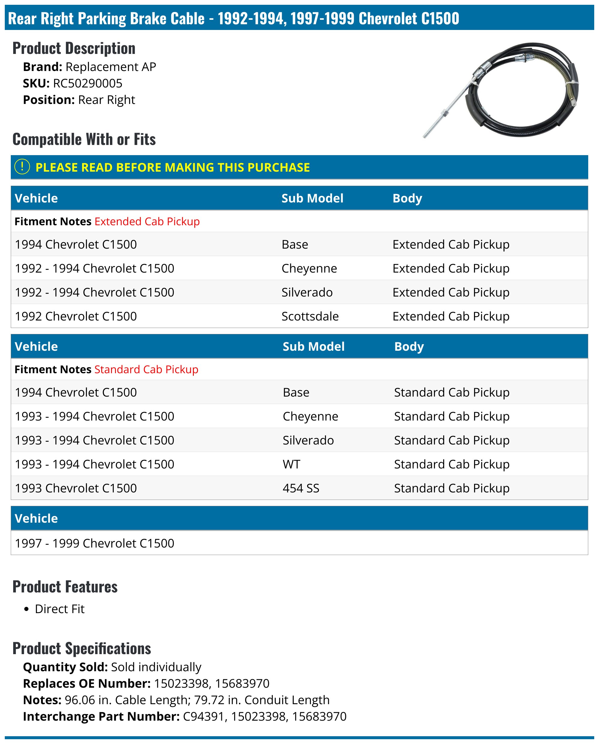 Rear Passenger Parking Brake Cable For 1994 Chevrolet C1500