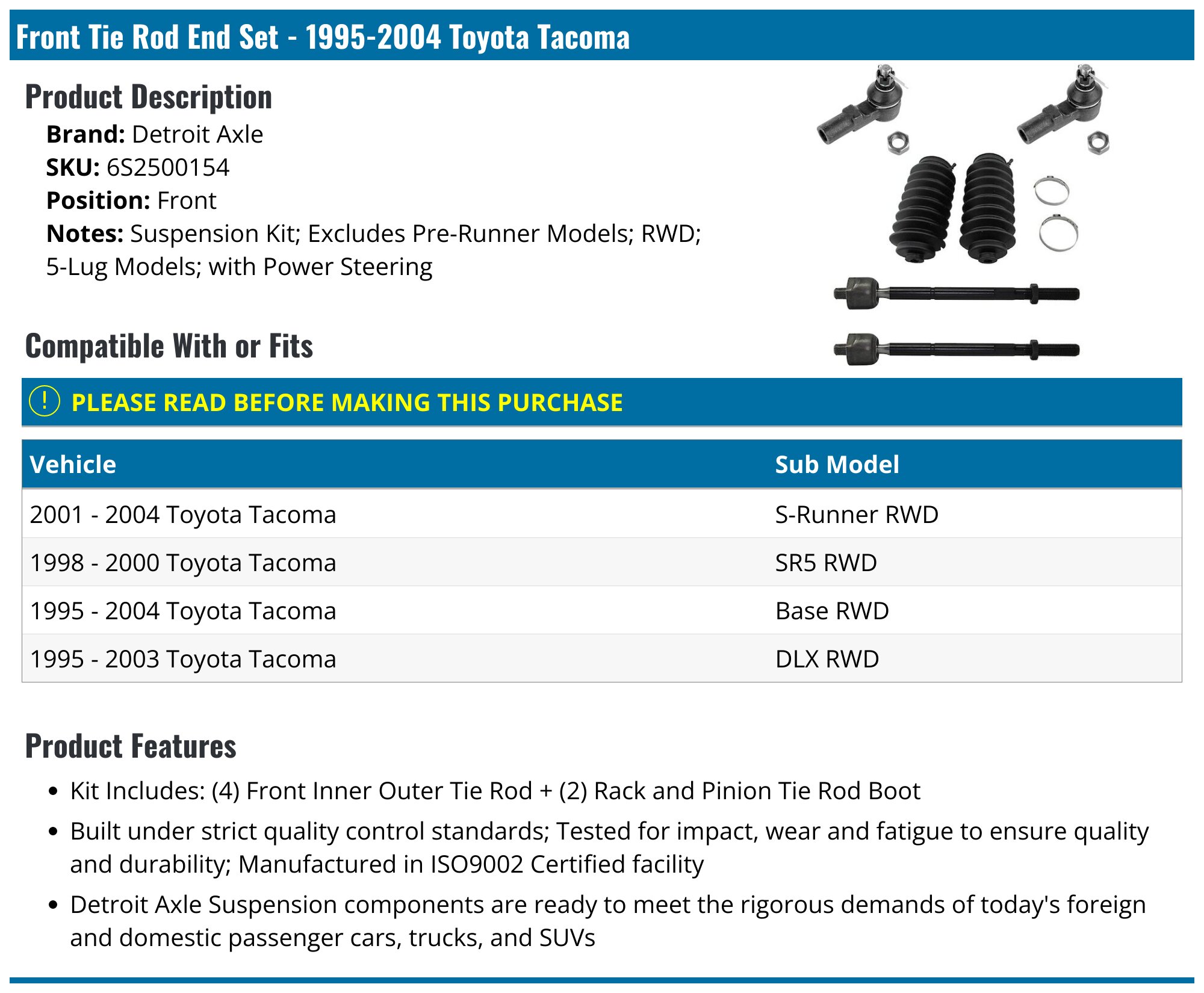 19952004 Toyota Tie Rod End Detroit Axle 6S2500154 Front