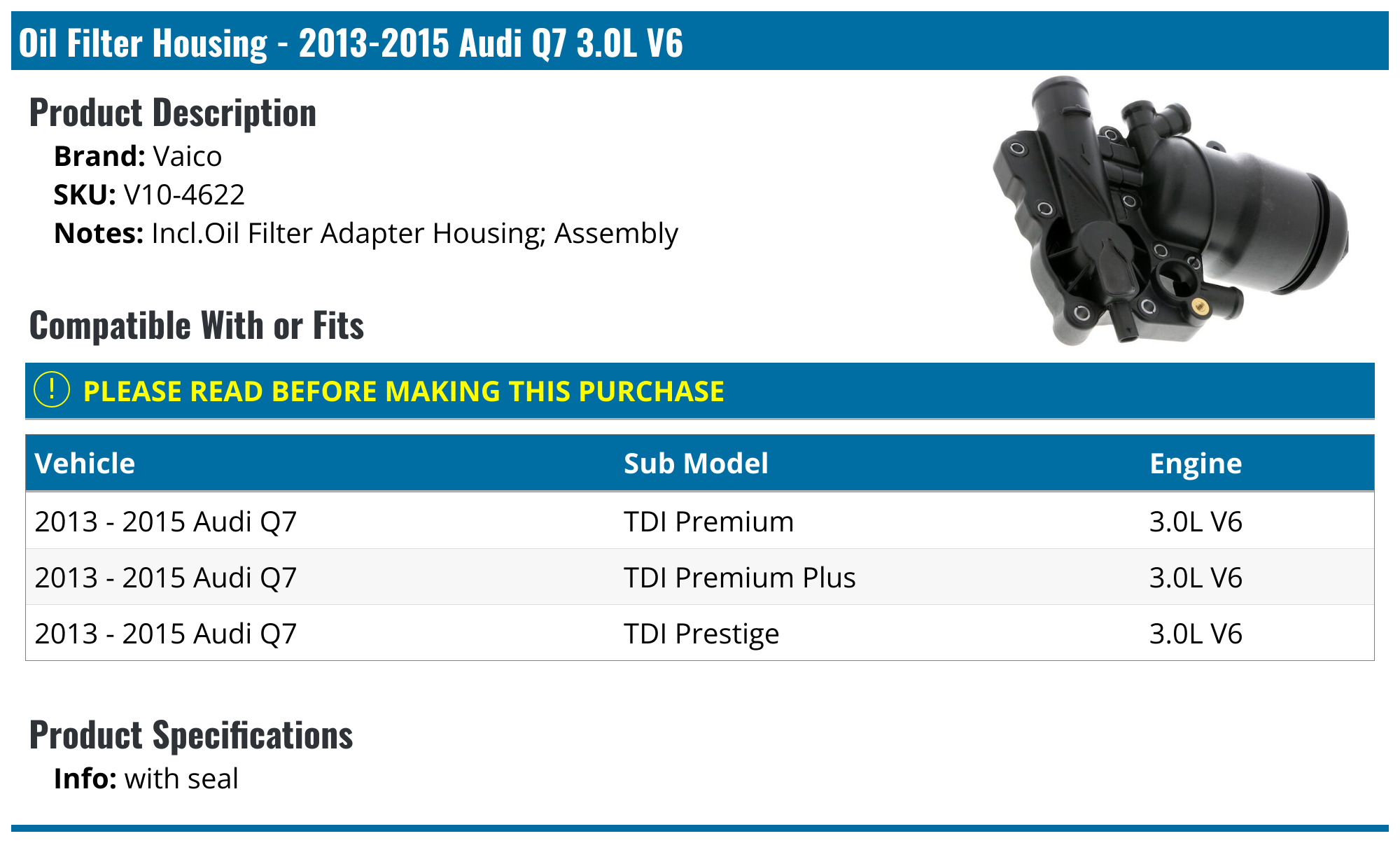 20132015 Audi Q7 Oil Filter Housing Vaico V104622