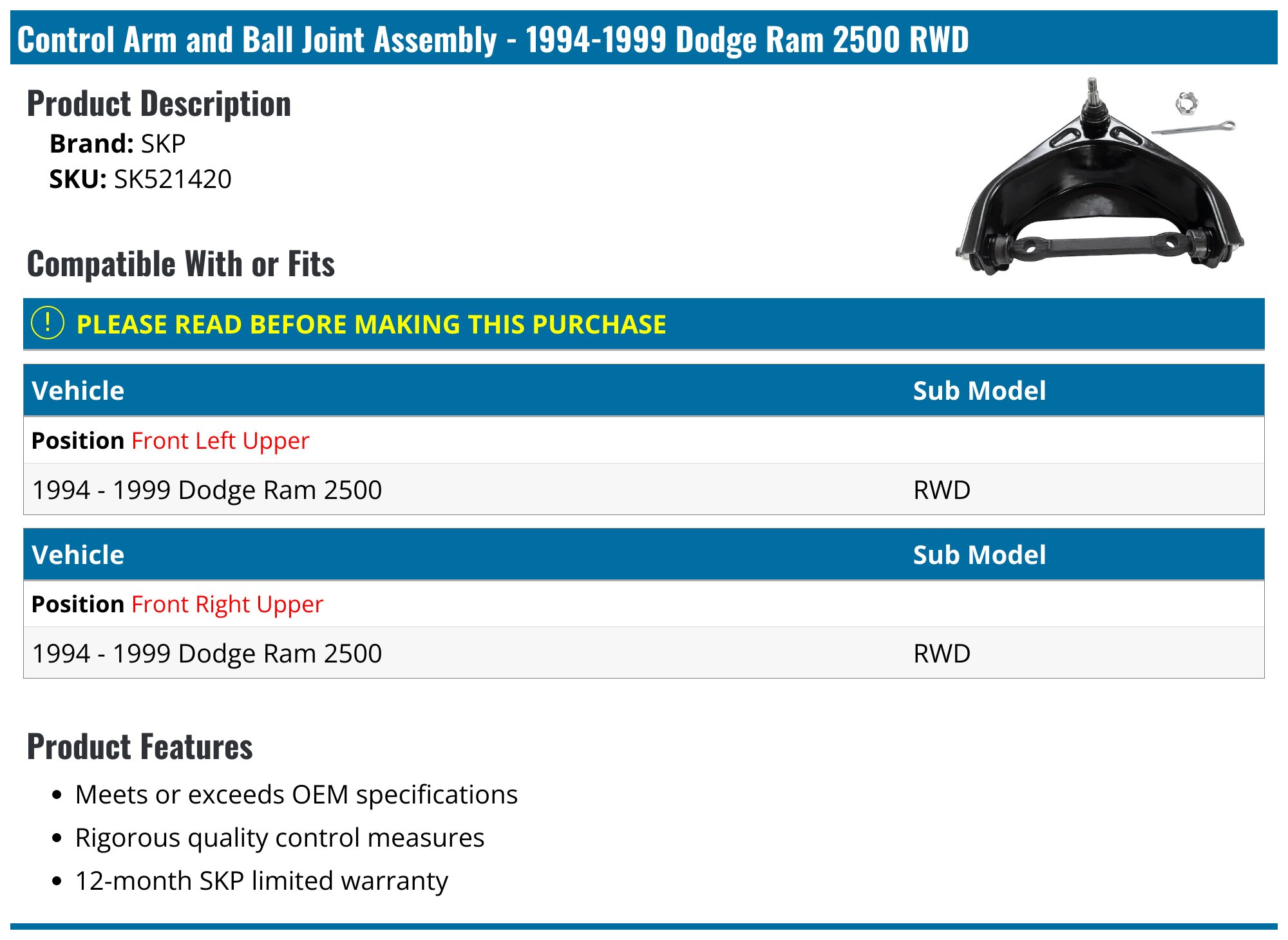 19941999 Dodge Ram 2500 Control Arm SKP SK521420 Front Upper