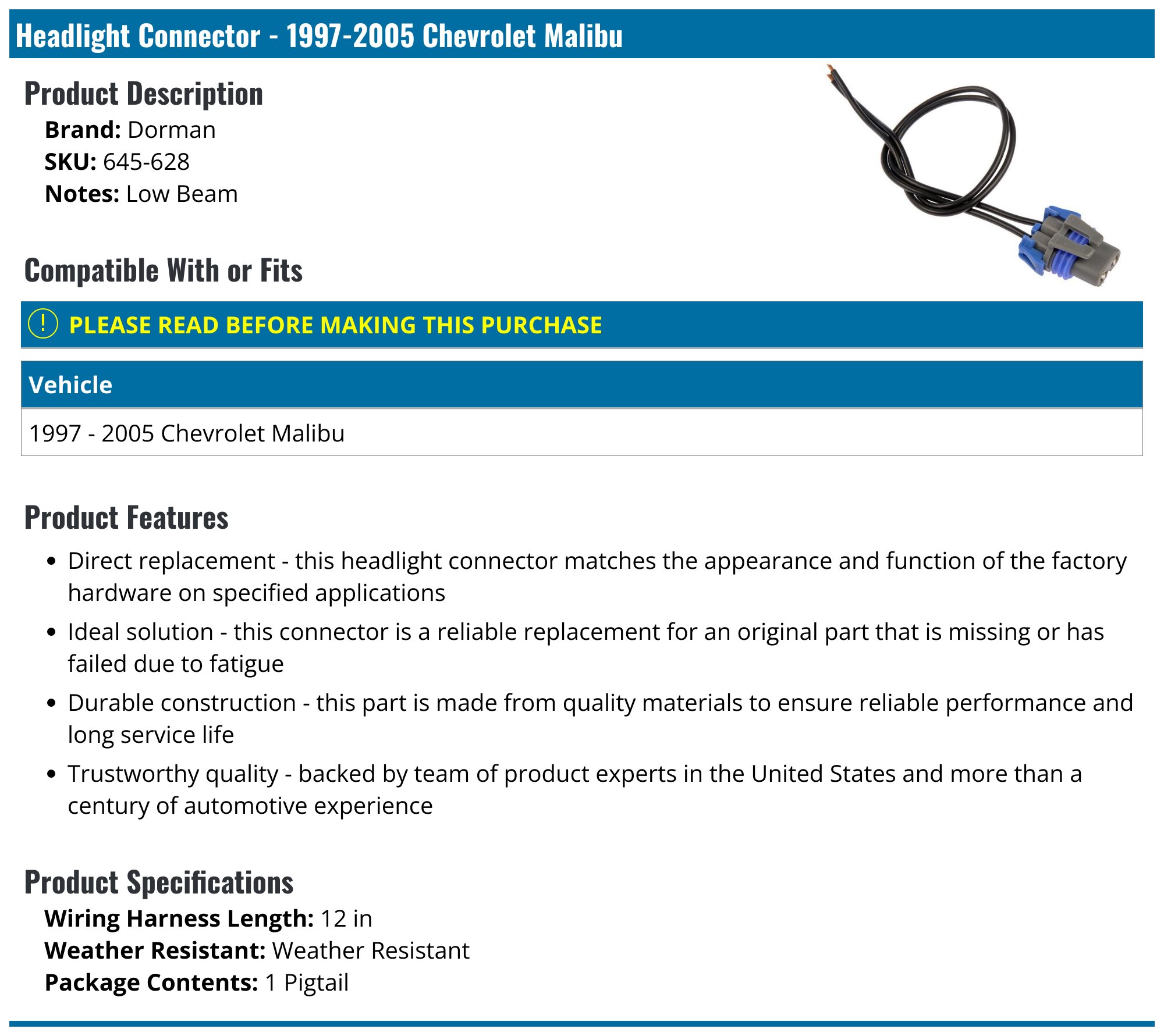 1997-2005 Chevrolet Malibu Headlight Connector - Dorman 645-628 -  PartsGeek.com, image size:2000x1781