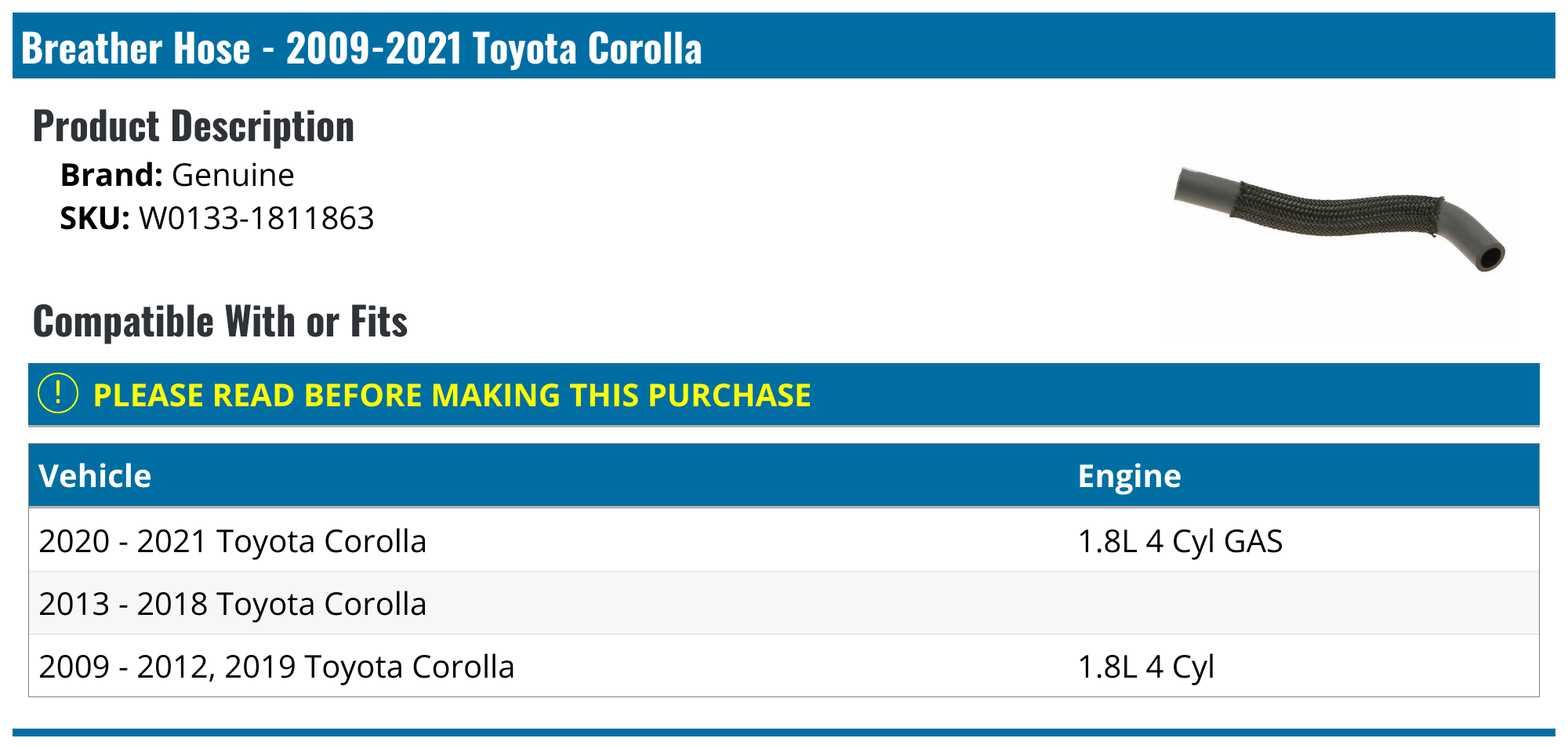 20092021 Toyota Corolla Breather Hose Genuine W01331811863